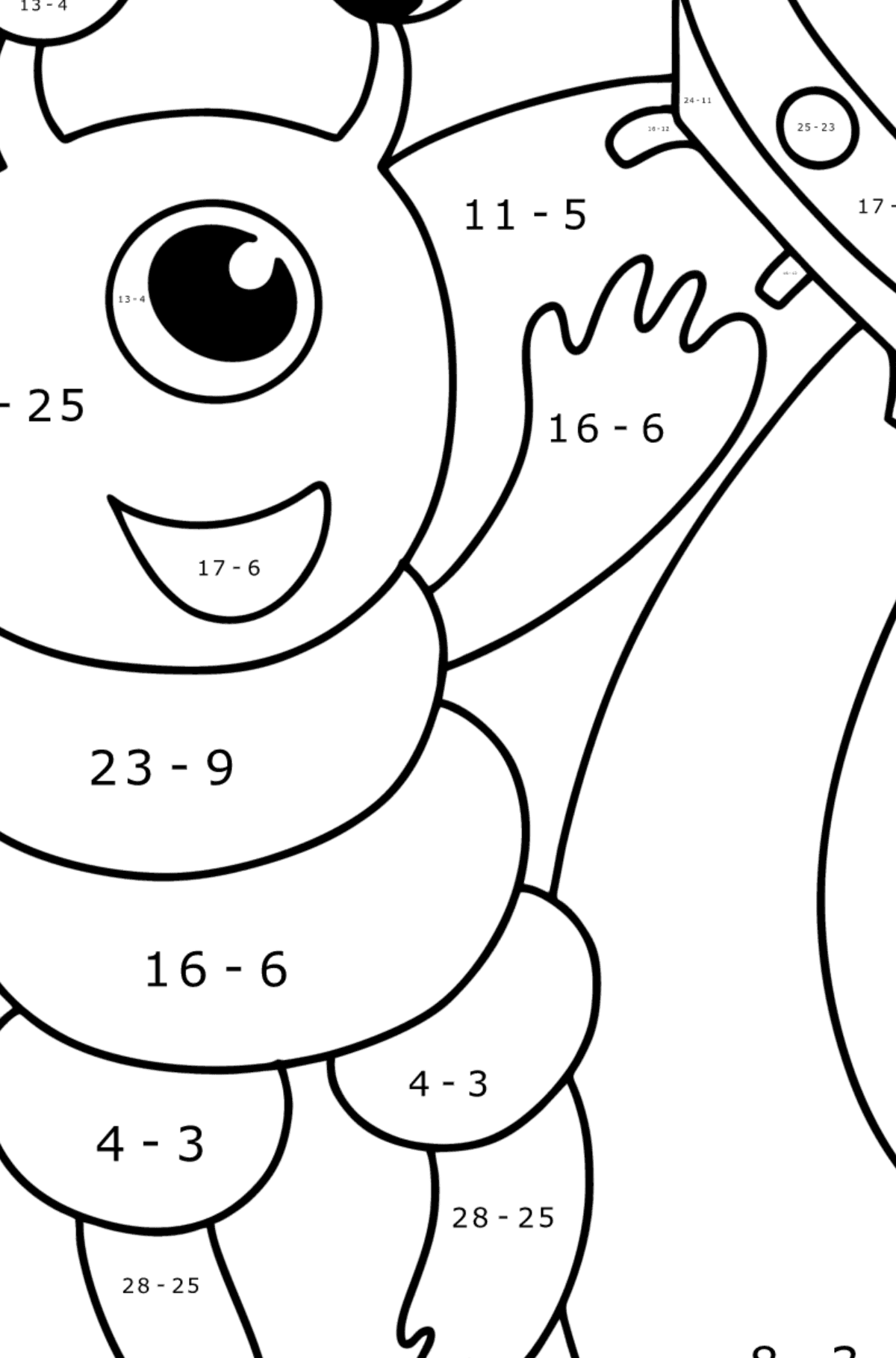 Alien in space coloring page - Math Coloring - Subtraction for Kids