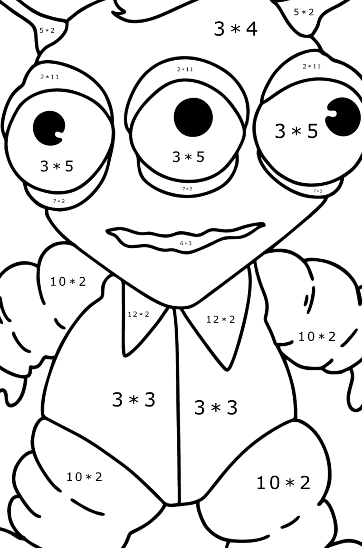 Розмальовка мультяшний інопланетянин - Математична Розмальовка Множення для дітей