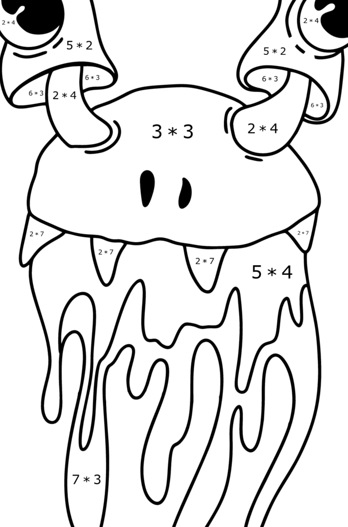 Sarjakuva hirviön kasvot värityskuva - Matemaattinen Värityskirja - Kertolasku lapsille