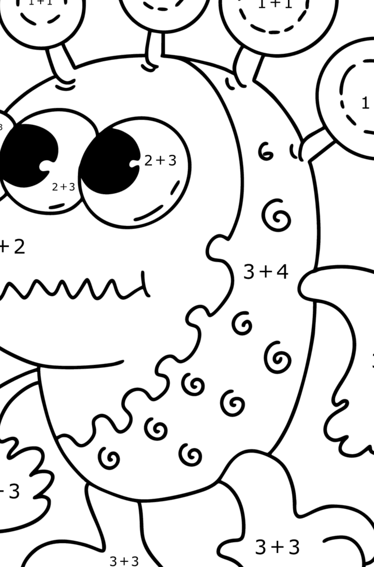 Розмальовка смішний прибулець - Математична Розмальовка Додавання для дітей