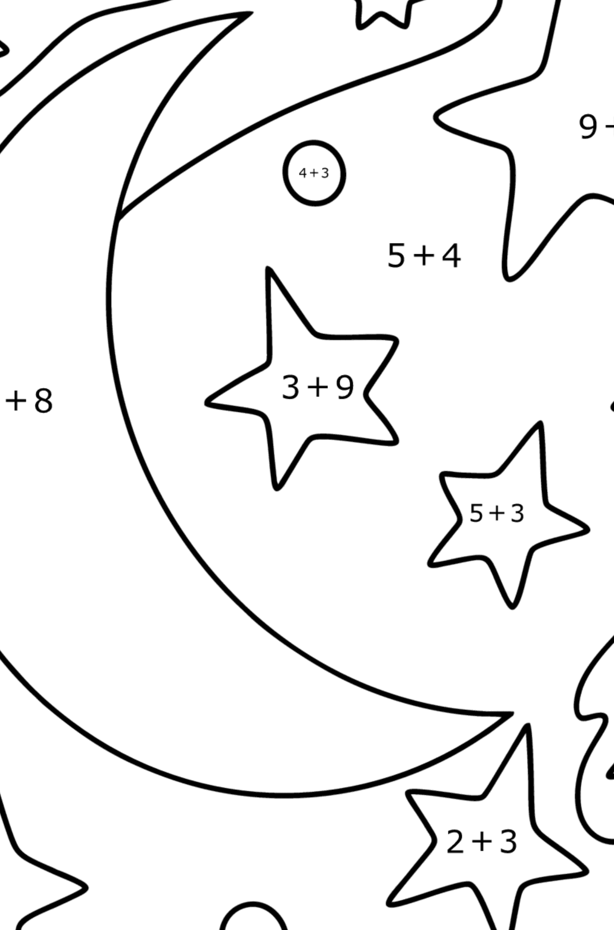 Kuu ja tähdet värityskuva - Matemaattinen Väritys - Yhteenlasku lapsille