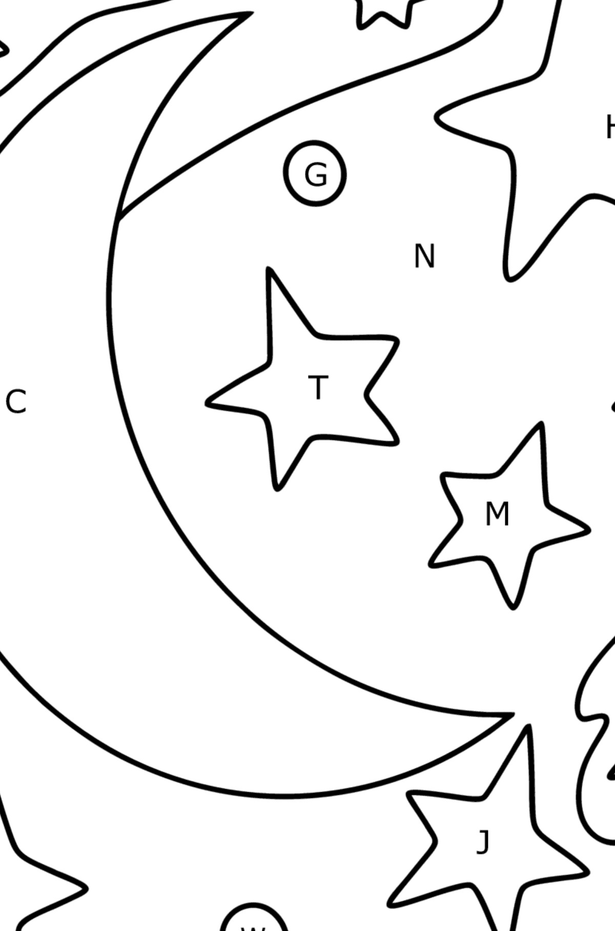 Kuu ja tähdet värityskuva - Väritys Kirjaimien mukaan lapsille
