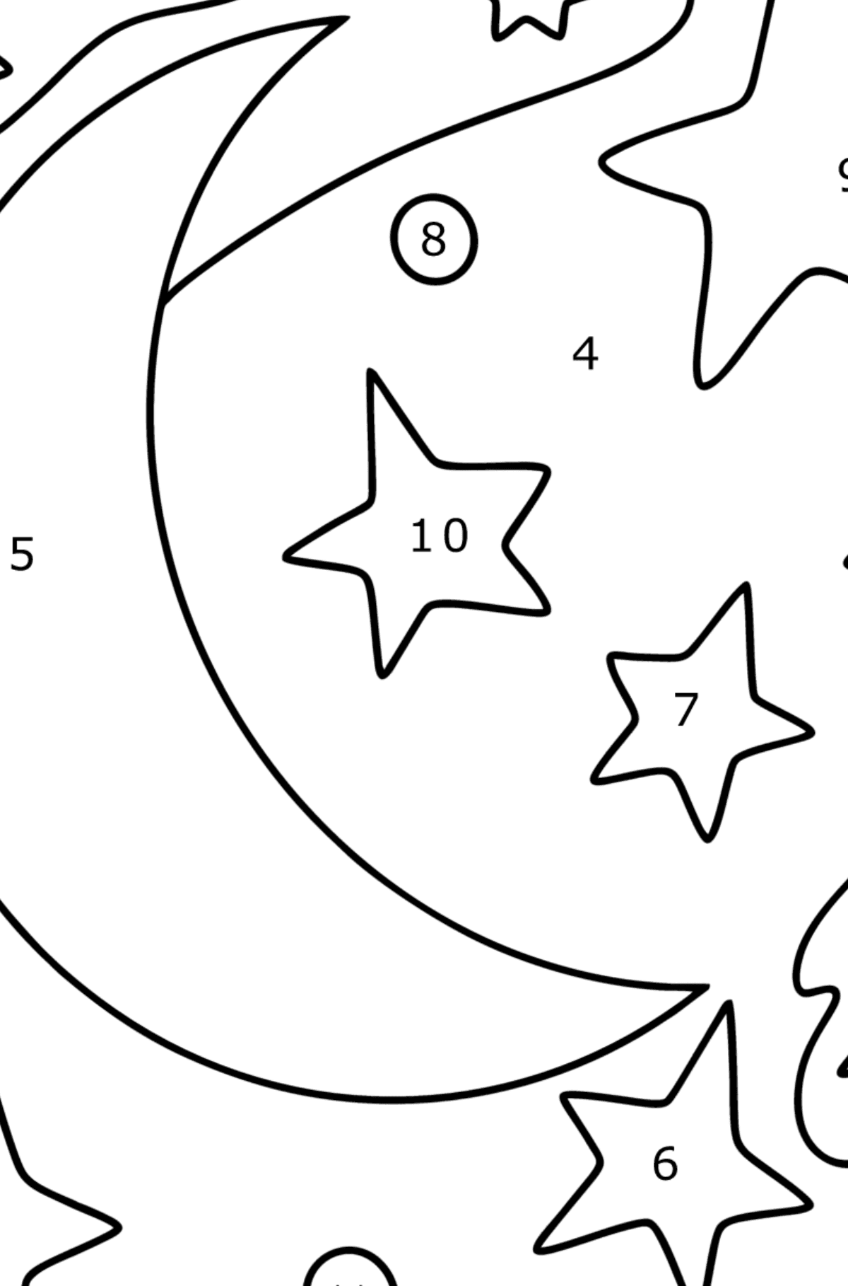 Kuu ja tähdet värityskuva - Väritys numeroiden mukaan lapsille