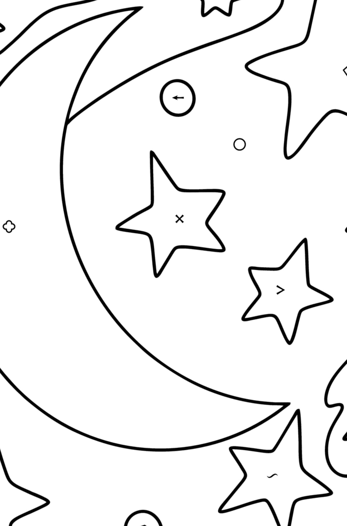 Kuu ja tähdet värityskuva - Väritys Symbolien ja Geometristen Kuvioiden mukaan lapsille