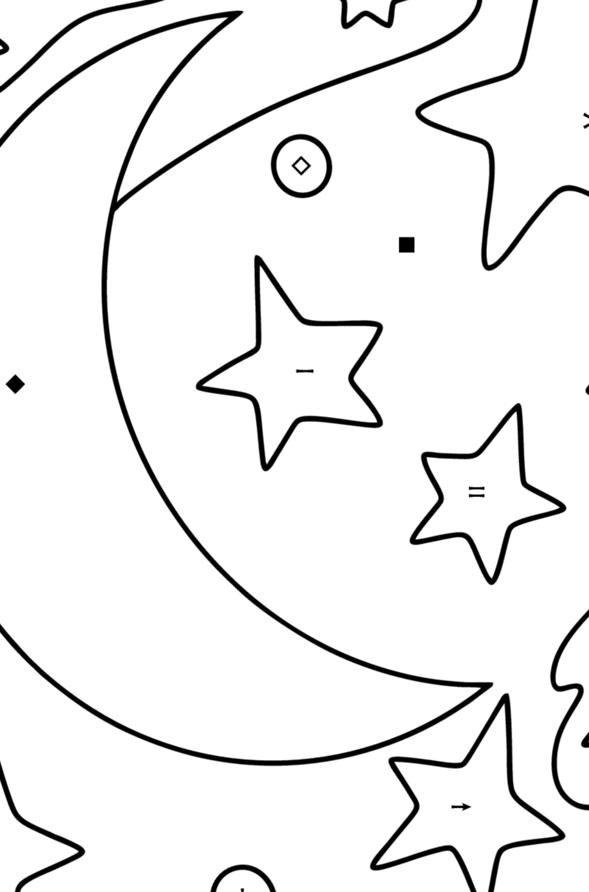 Månen og stjernene tegning til fargelegging - Fargelegge etter symboler for barn