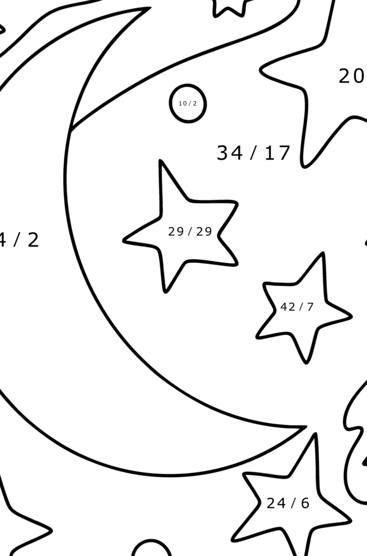 Kuu ja tähdet värityskuva - Matemaattinen Värityslasku - Jakolasku lapsille