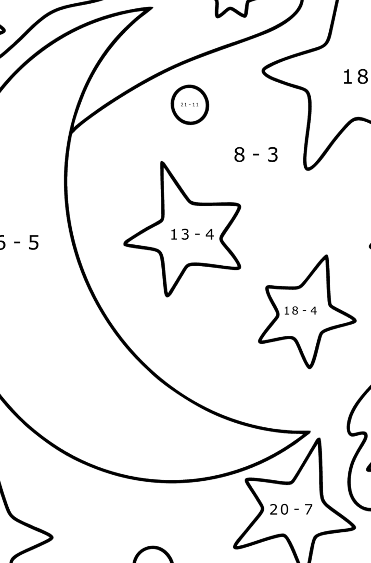 Kuu ja tähdet värityskuva - Matemaattinen Väritys - Vähennys lapsille