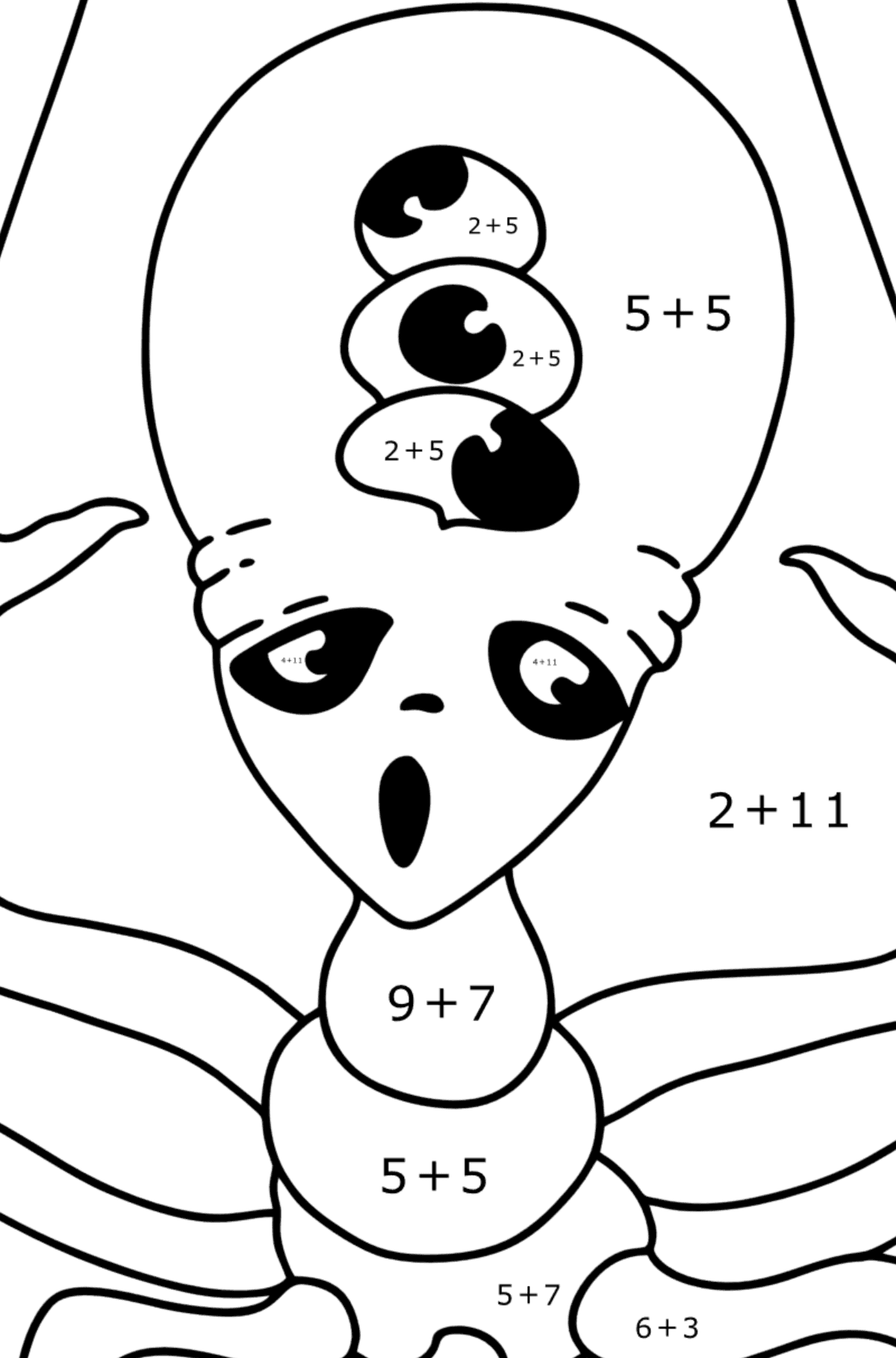 Scary Alien Coloring page - Math Coloring - Addition for Kids