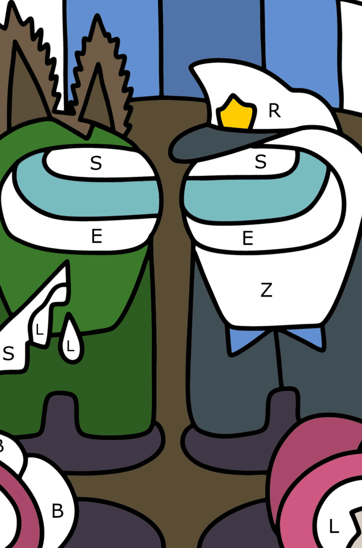 Among Us Meeting with the Sheriff coloring page - Coloring by Letters for Kids
