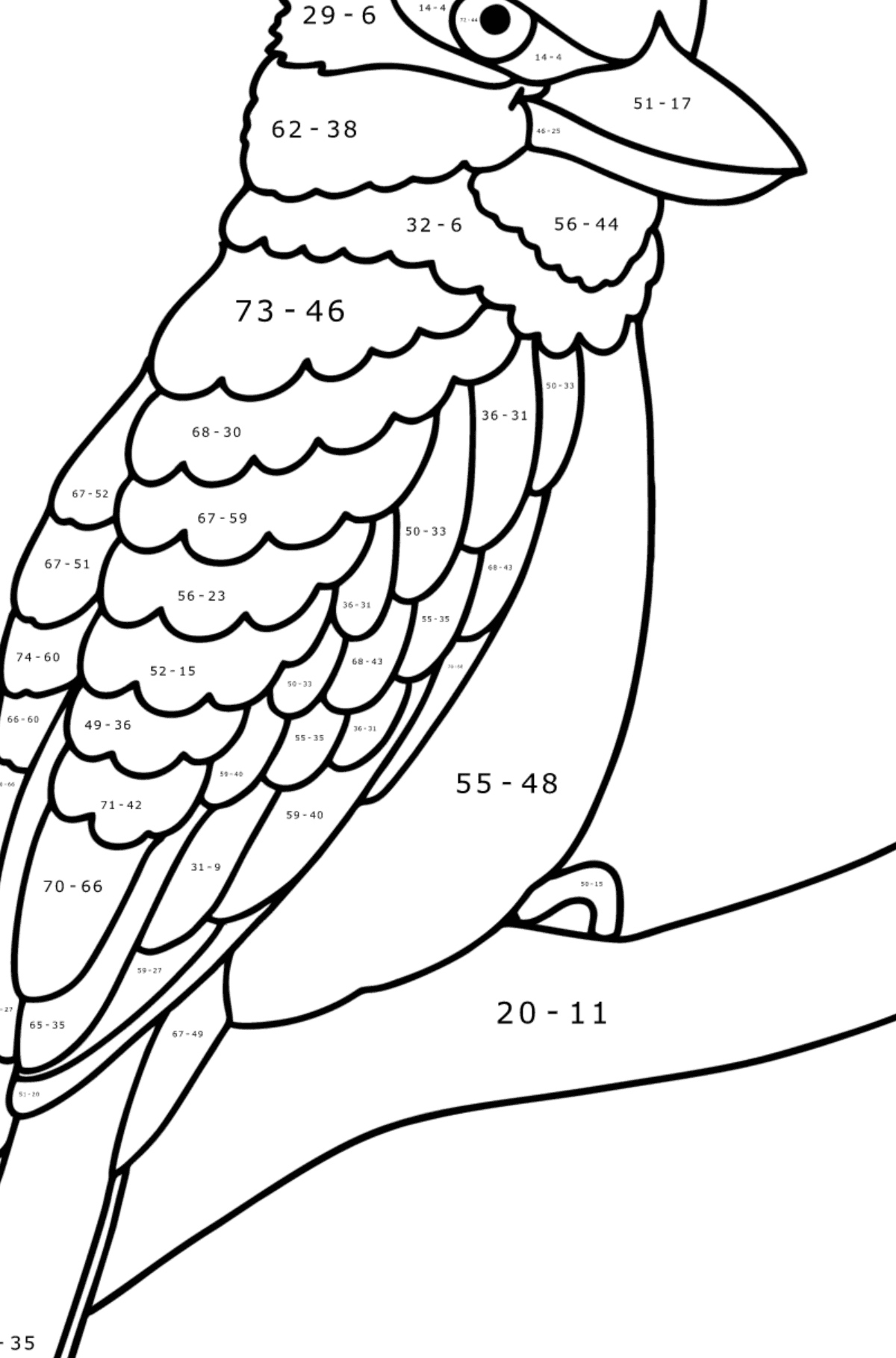 Värityskuva Kookaburra - Matemaattinen Väritys - Vähennys lapsille