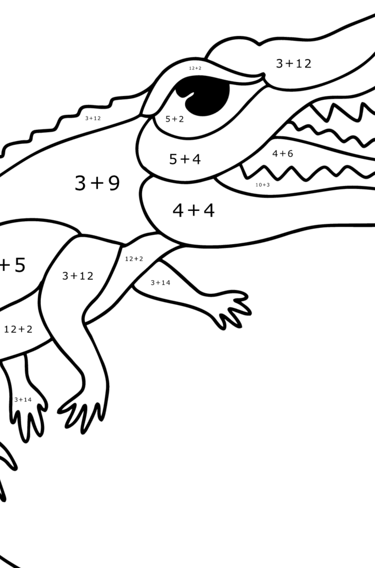 Värityskuva Suolaisen veden krokotiili - Matemaattinen Väritys - Yhteenlasku lapsille