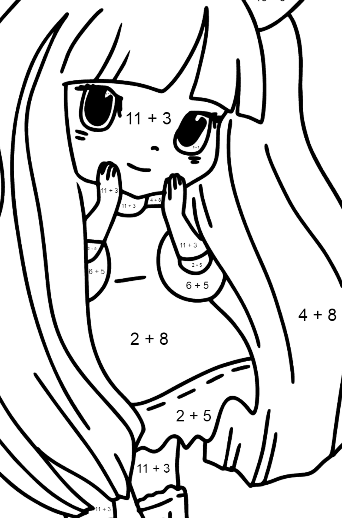 Dibujos para colorear - Anime de chica conejo - Colorear con Matemáticas - Sumas para Niños
