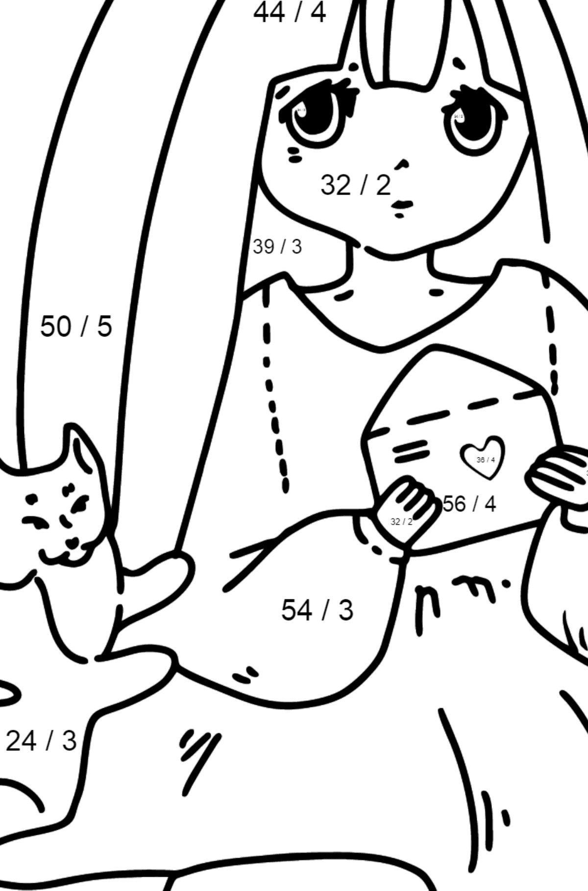 Anime Süßes Mädchen Ausmalbilder - Mathe Ausmalbilder - Division für Kinder