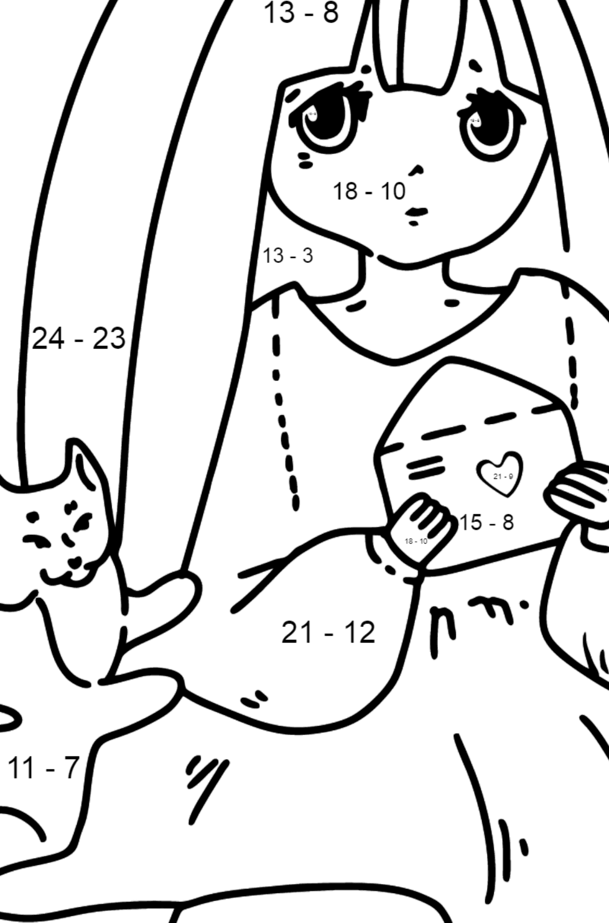 Anime Cute Girl Coloring Pages - Math Coloring - Subtraction for Kids