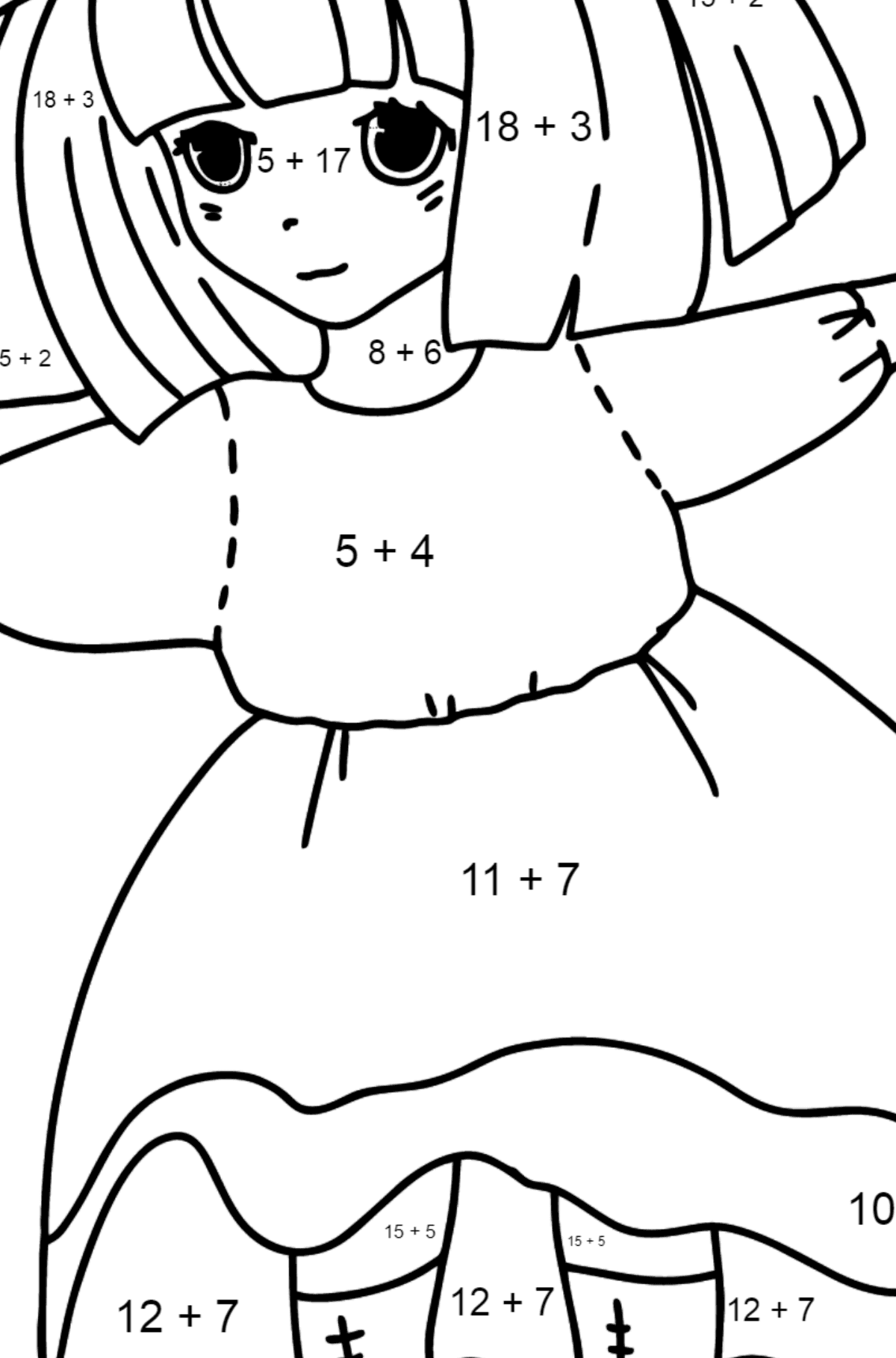 Anime tyttö tanssii värityskuva - Matemaattinen Väritys - Yhteenlasku lapsille