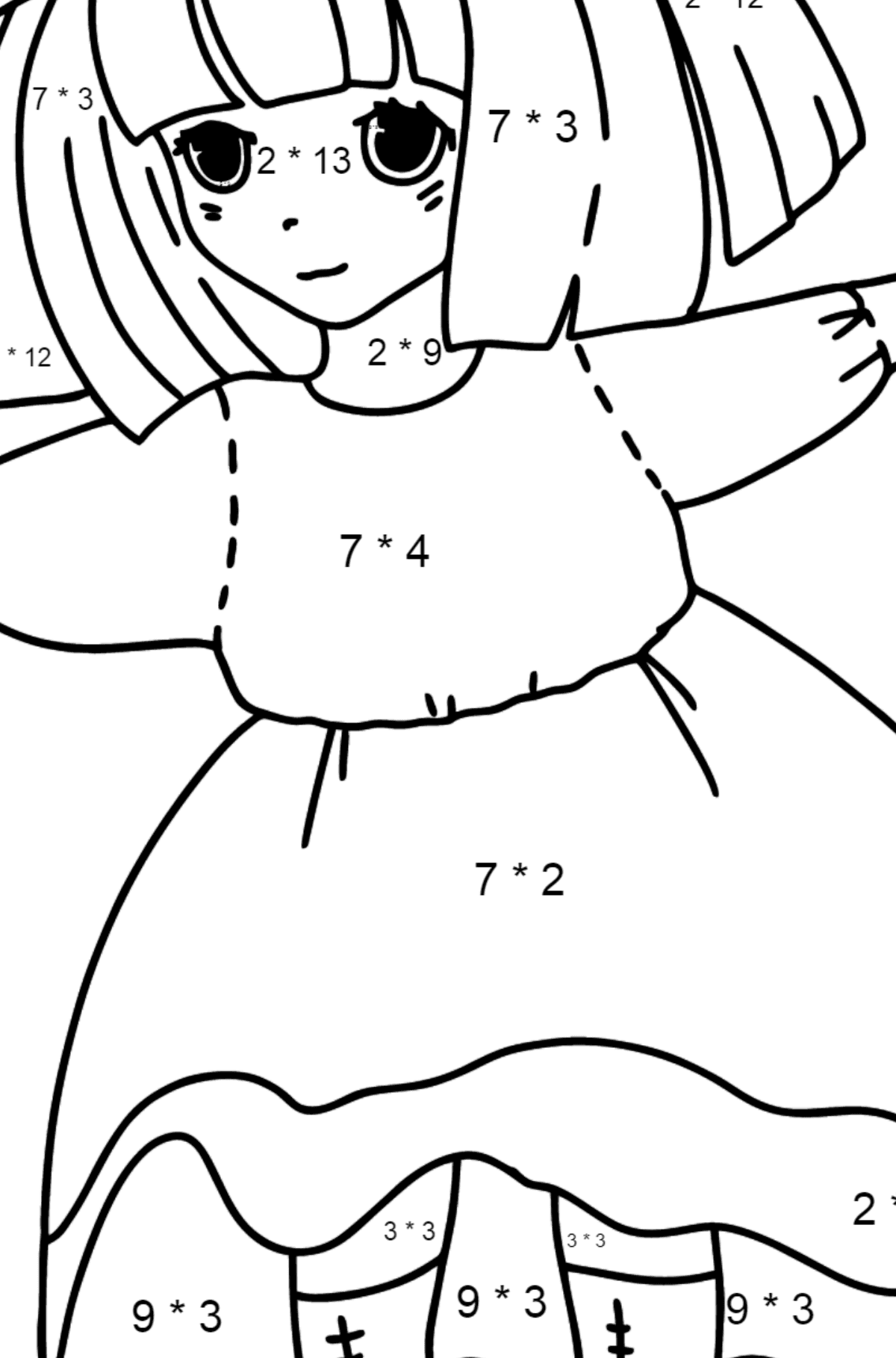 Anime tyttö tanssii värityskuva - Matemaattinen Värityskirja - Kertolasku lapsille