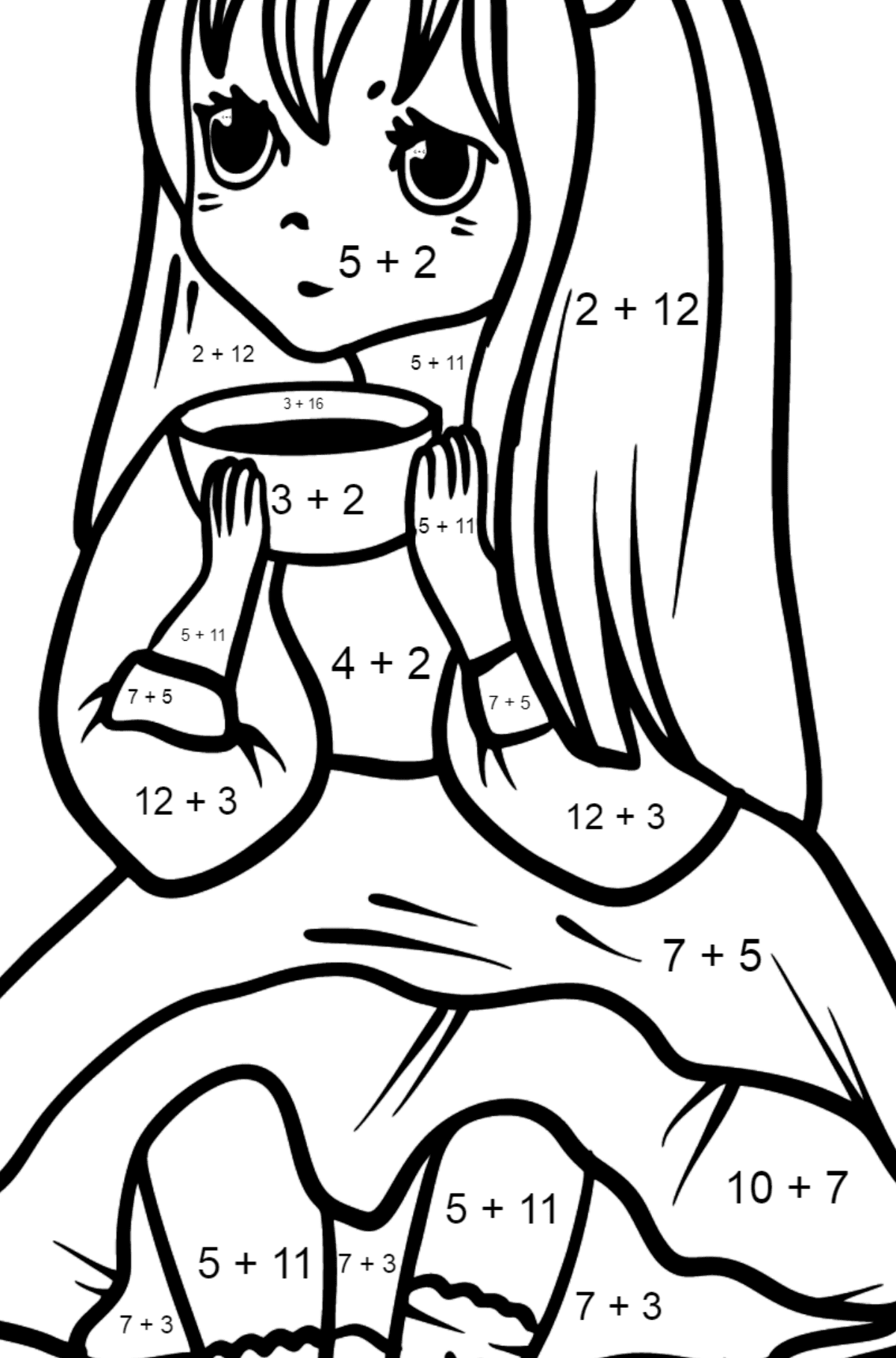 Anime tyttö juo kahvia värityskuva - Matemaattinen Väritys - Yhteenlasku lapsille