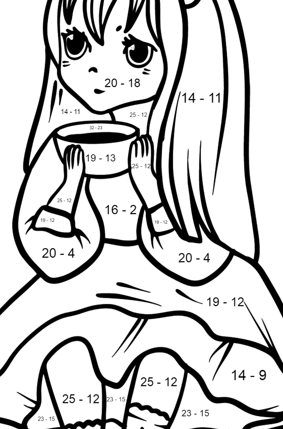 Anime Girl Drinking Coffee coloring page - Math Coloring - Subtraction for Kids