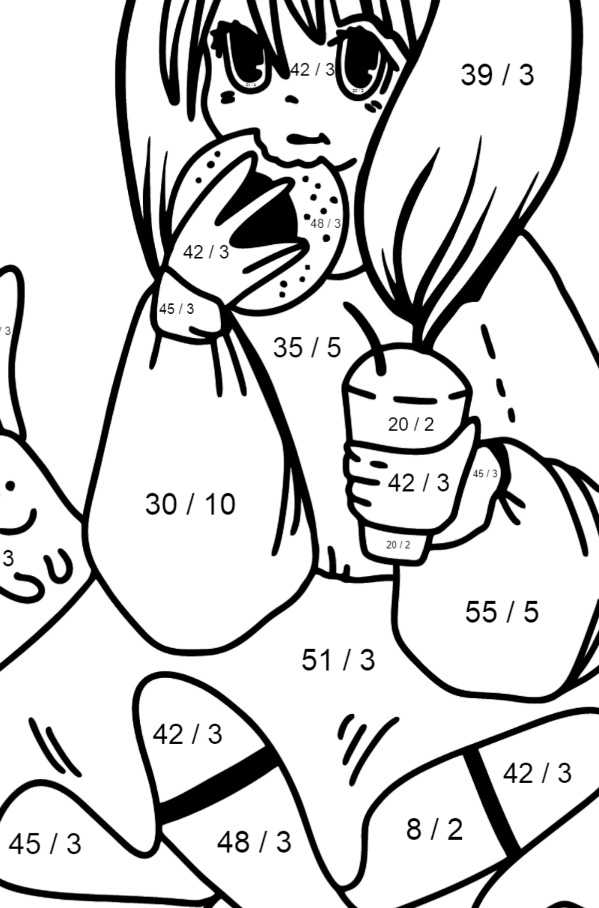 Anime Girl Eating coloring page - Math Coloring - Division for Kids
