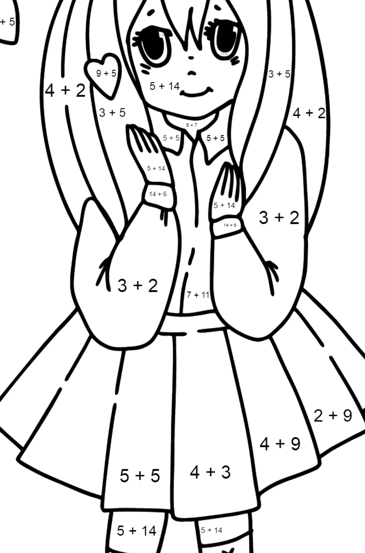 Urocza kolorowanka dla dziewczynki z anime - Kolorowanki matematyczne dodawanie dla dzieci