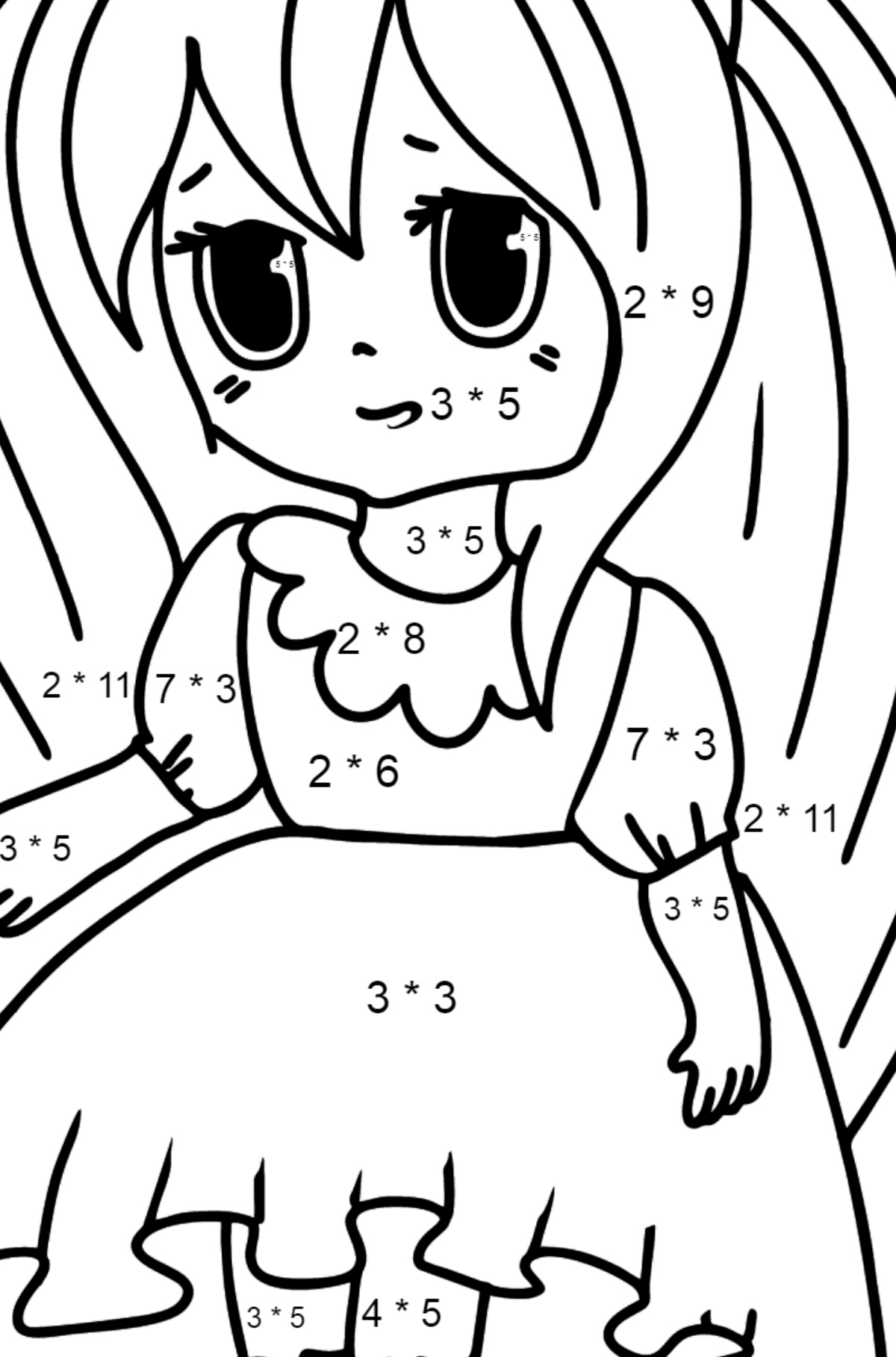 Anime Mädchen in rosa Ausmalbilder - Mathe Ausmalbilder - Multiplikation für Kinder