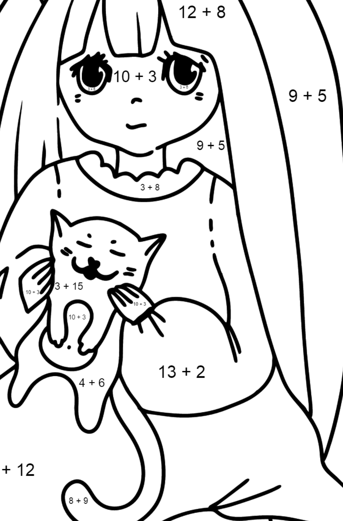 Anime lány és cica Kifestő - Matematikai színezés - összeadás gyerekeknek