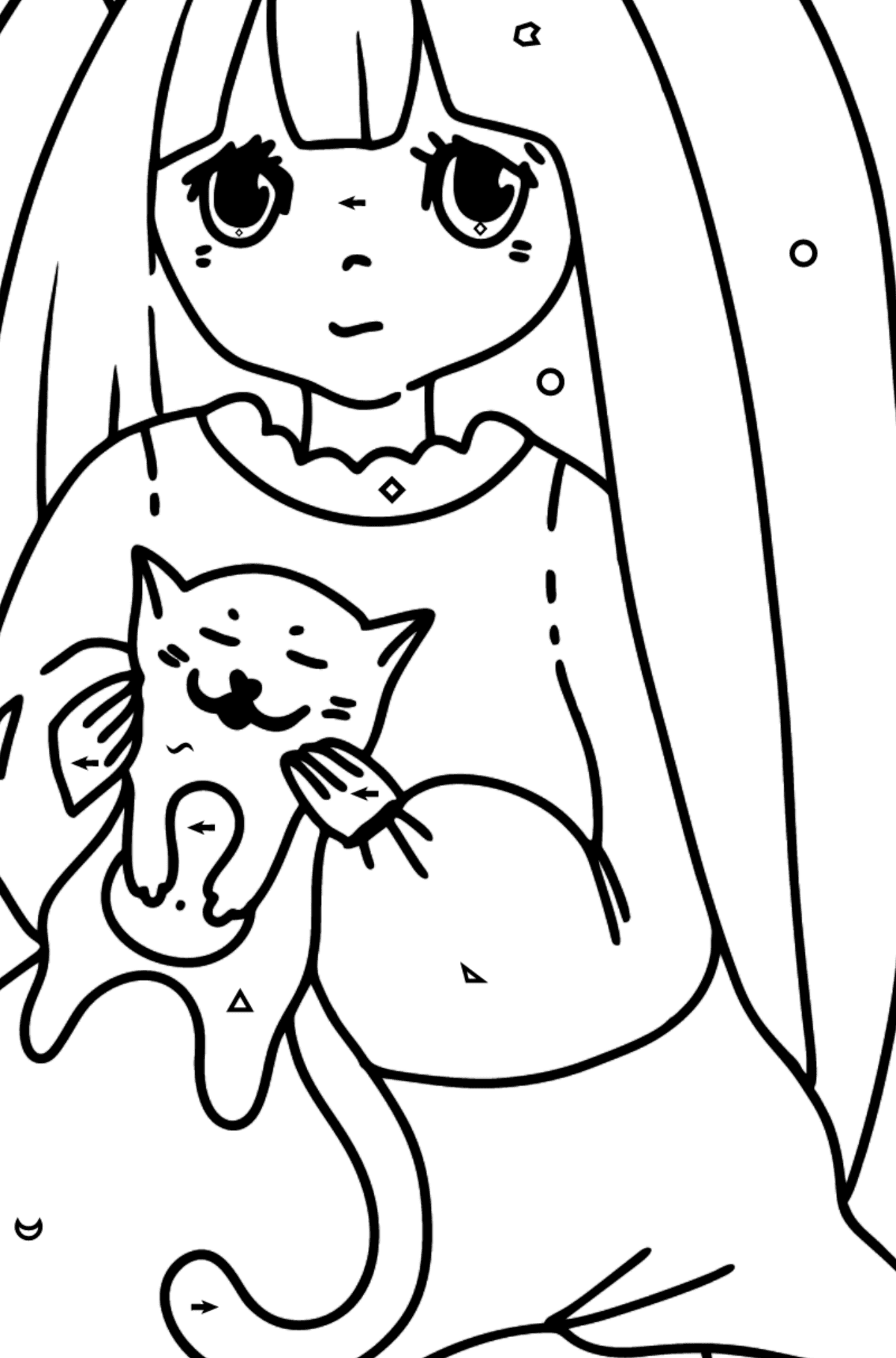 Anime tyttö ja kissanpentu värityskuva - Väritys Symbolien ja Geometristen Kuvioiden mukaan lapsille