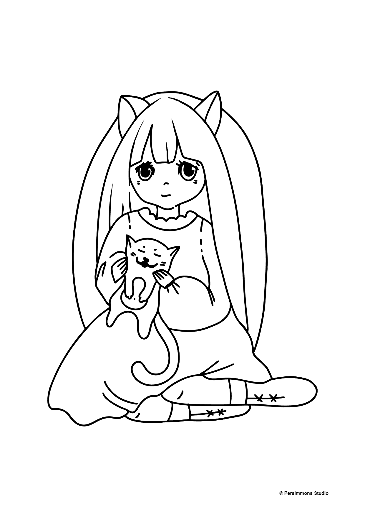 Anime Girl Playing with Kitten coloring page ♥ Online and Print!