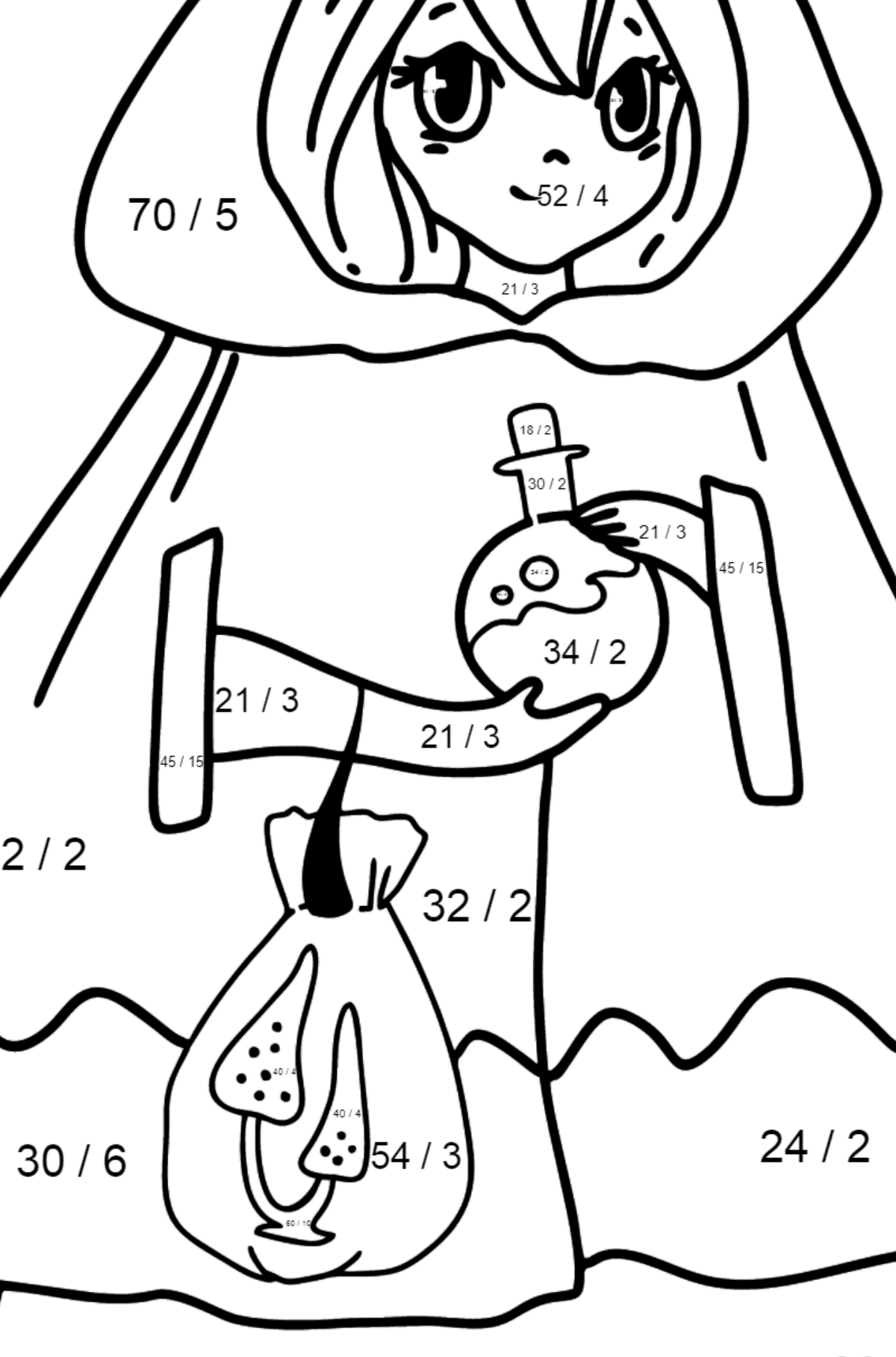 Anime Girl Witch Coloring Pages - Math Coloring - Division for Kids