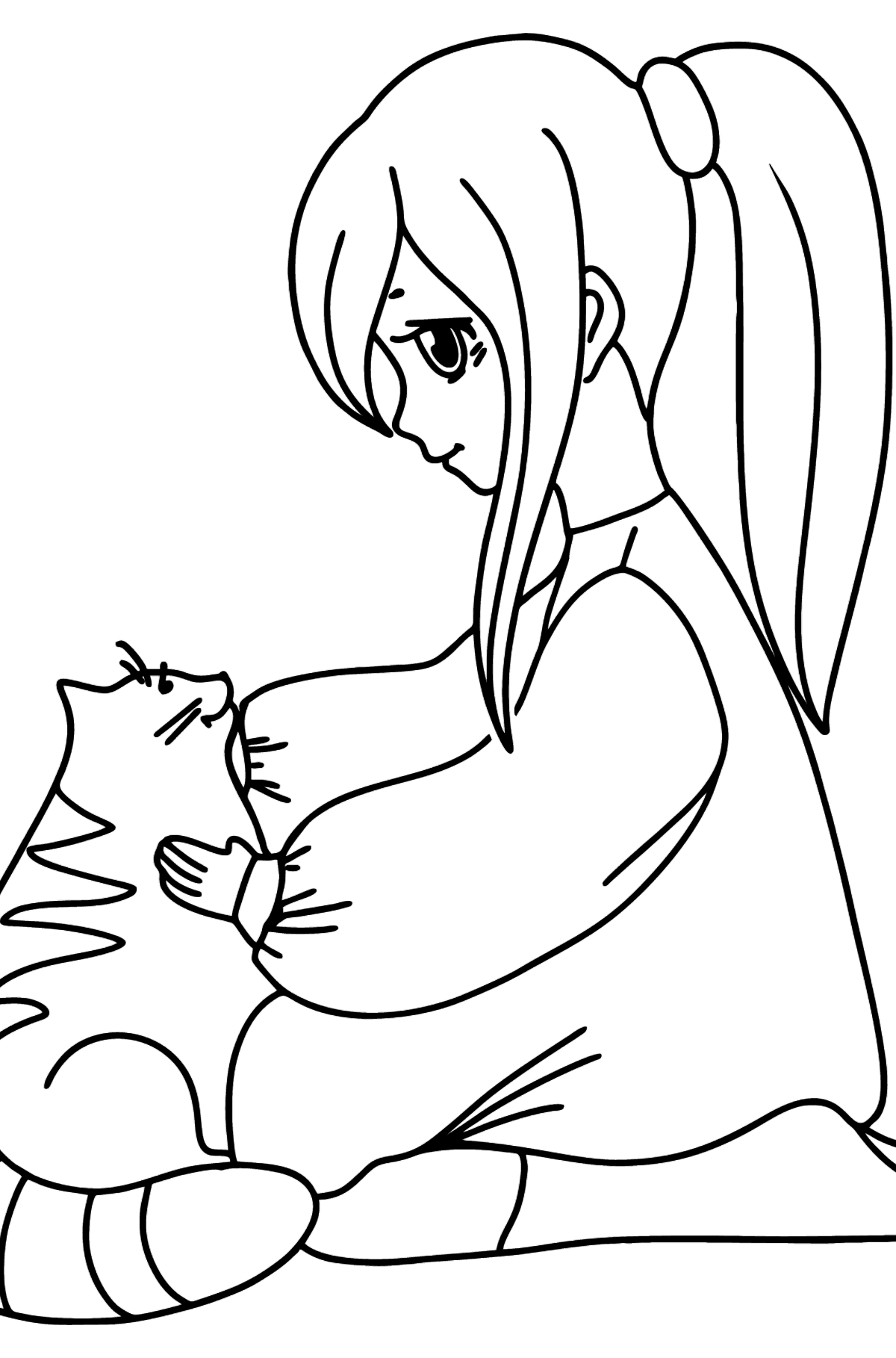 Fată și pisică anime desen de colorat - Desene de colorat pentru copii