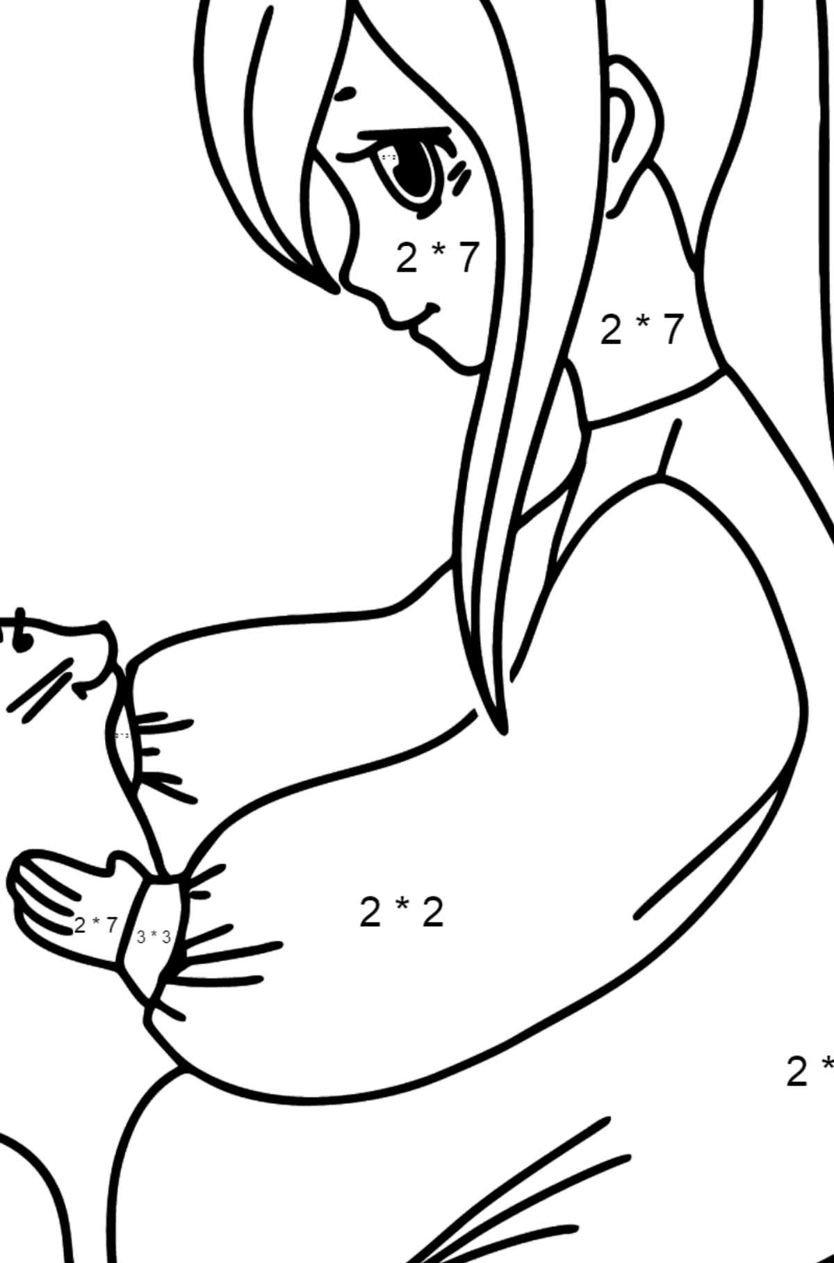 Anime Mädchen mit Katze Malvorlagen - Mathe Ausmalbilder - Multiplikation für Kinder