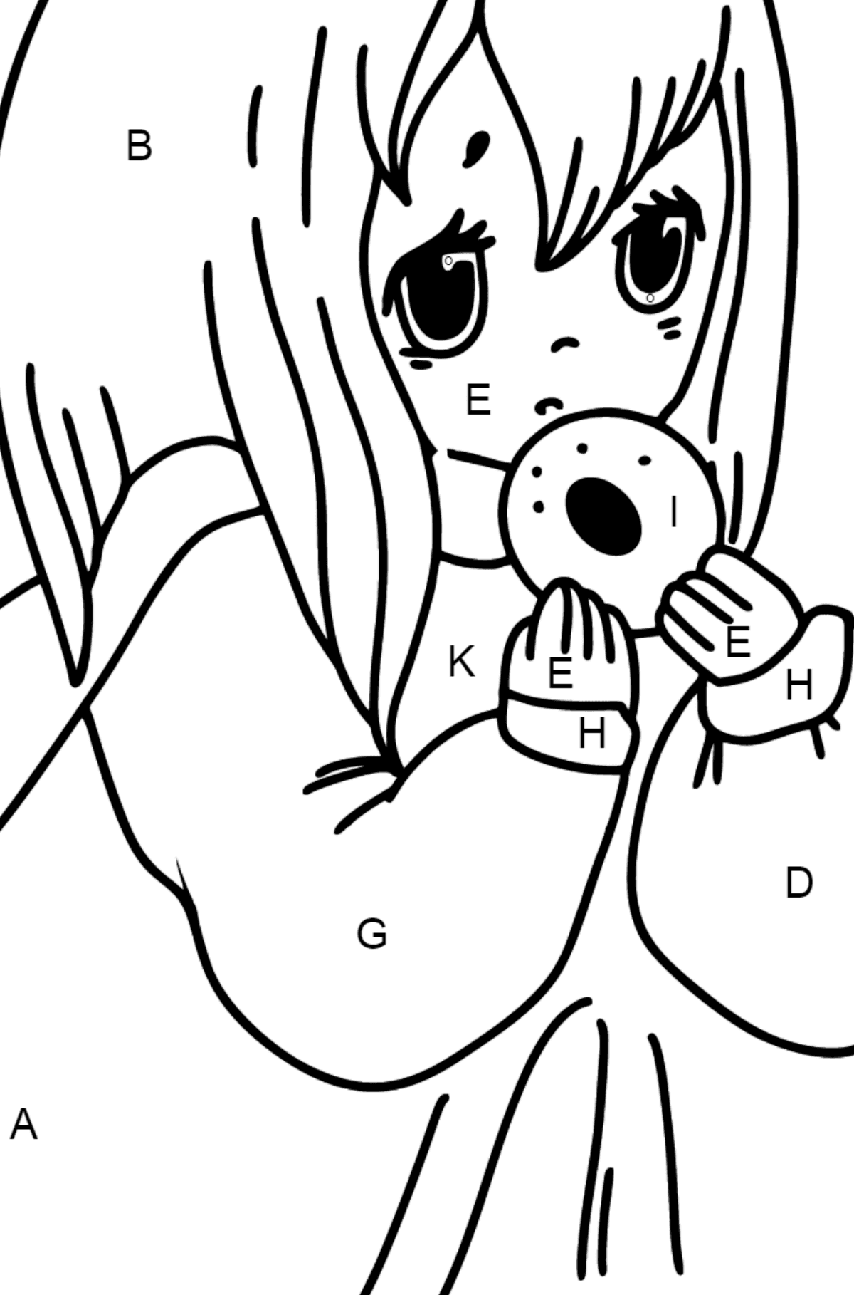 Anime Mädchen mit Donut Ausmalbilder - Ausmalen nach Buchstaben für Kinder