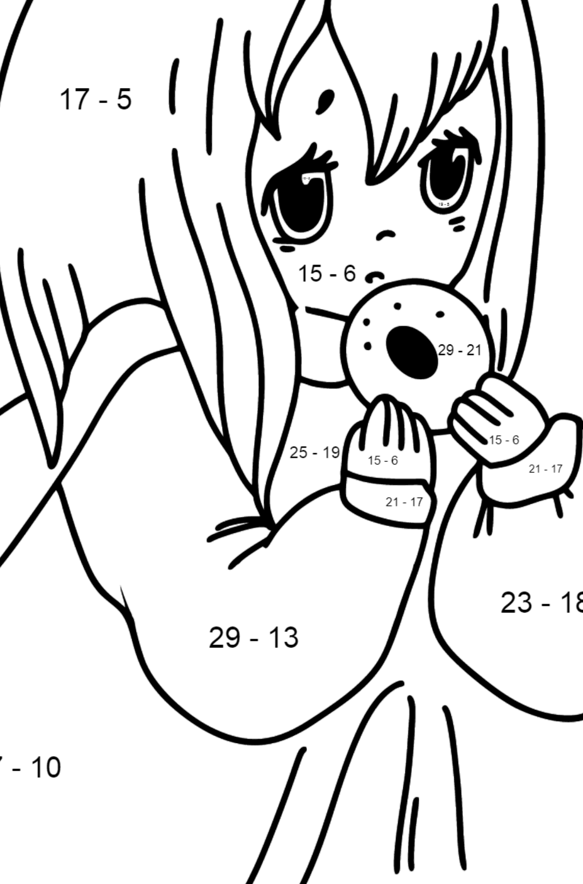 Anime Mädchen mit Donut Ausmalbilder - Mathe Ausmalbilder - Subtraktion für Kinder