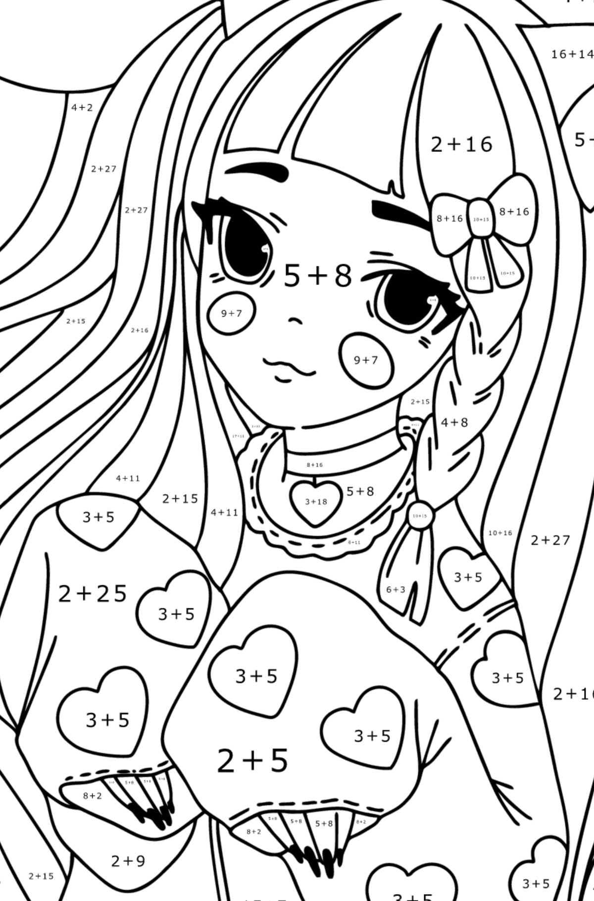 Anime lány fülekkel és mancsokkal Kifestő - Matematikai színezés - összeadás gyerekeknek