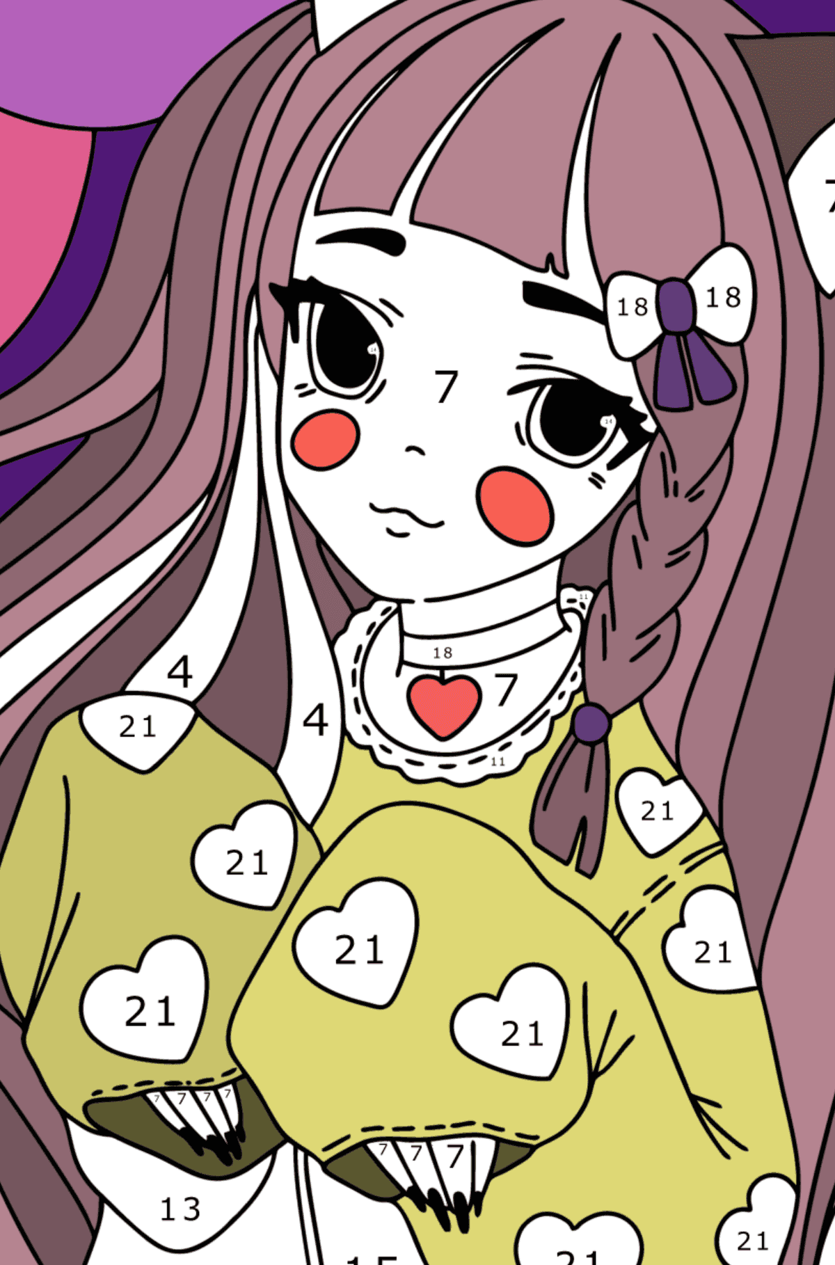 Desenho de Garota de anime com orelhas e patas para colorir - Colorir por Números para Crianças