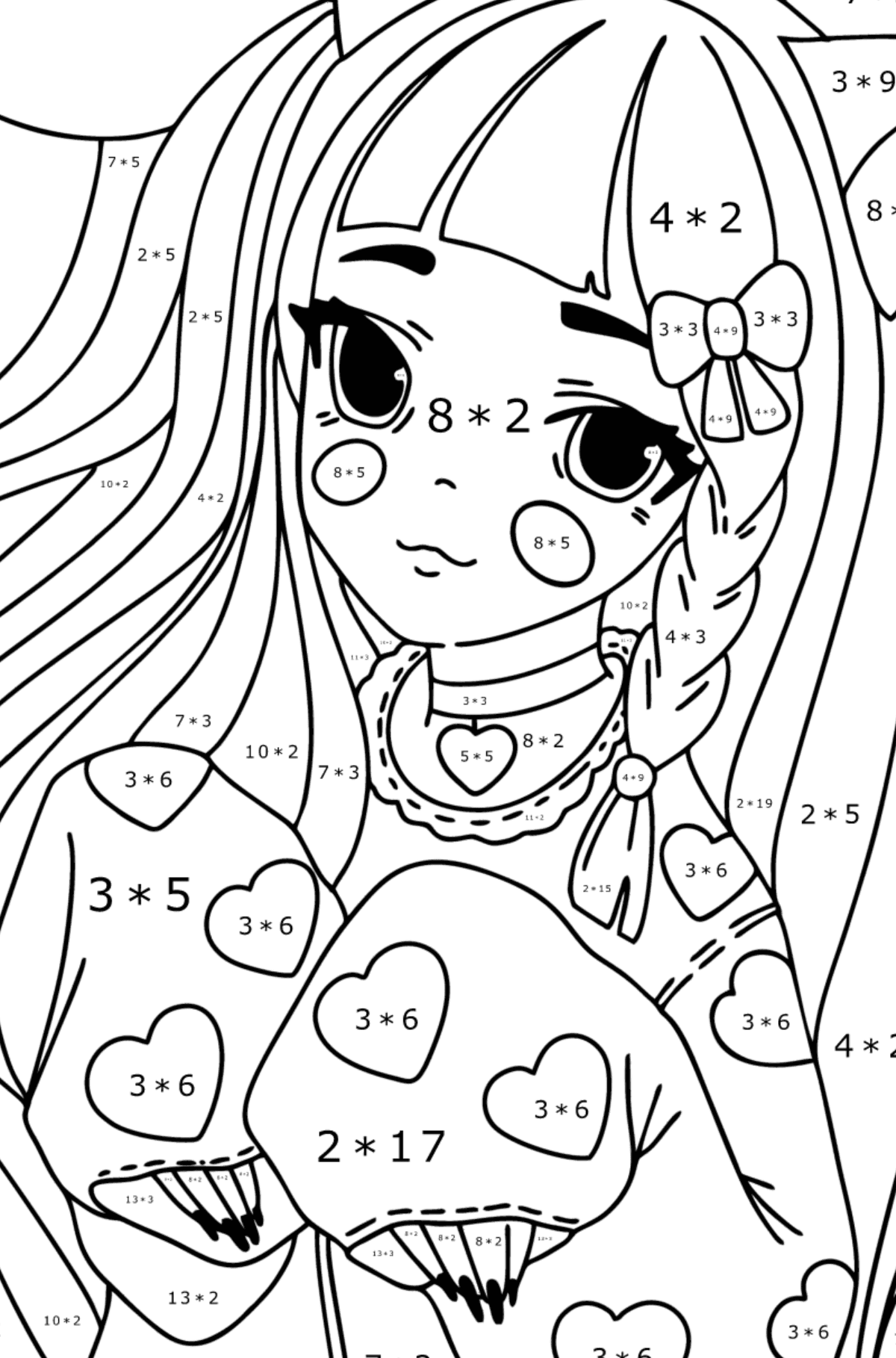 Anime tyttö korvat ja tassut värityskuva - Matemaattinen Värityskirja - Kertolasku lapsille