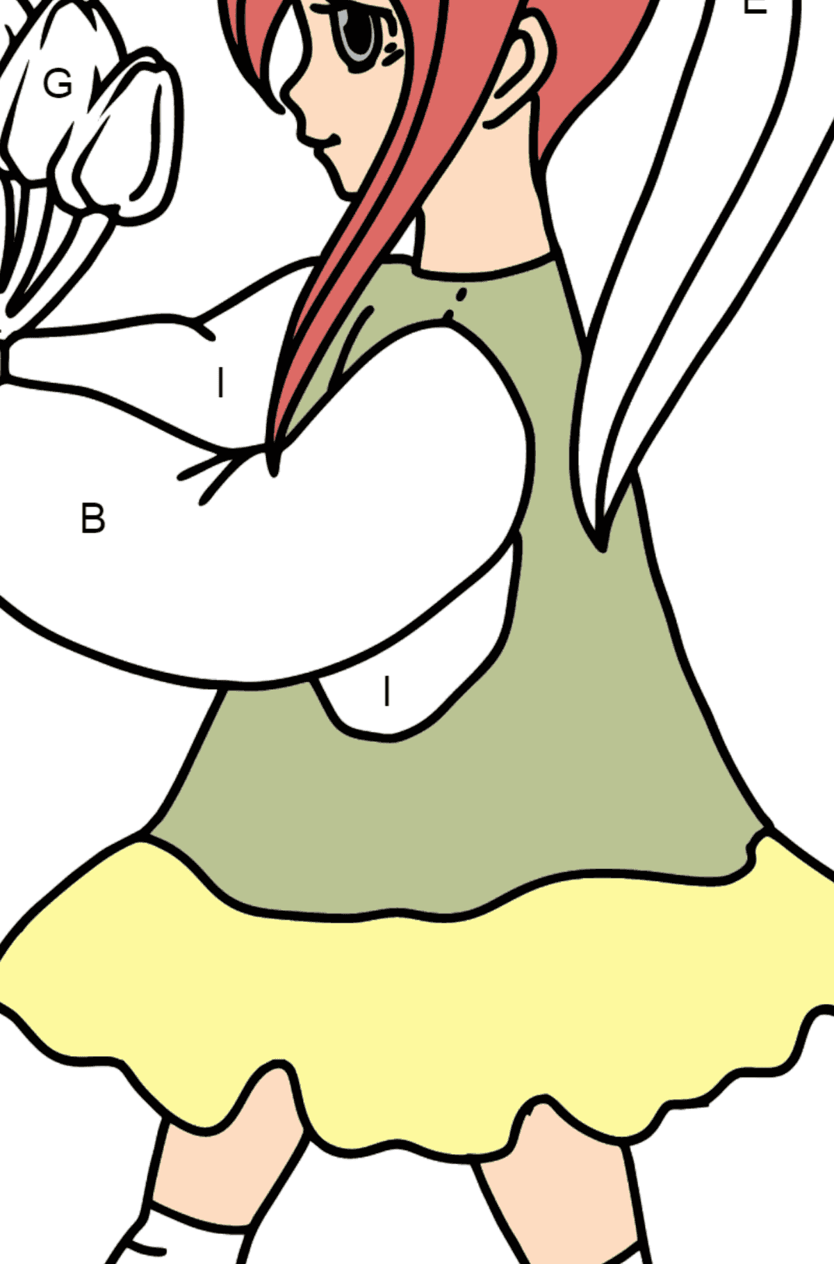 Coloriage - Fille animée avec des fleurs - Coloriage par Lettres pour les Enfants