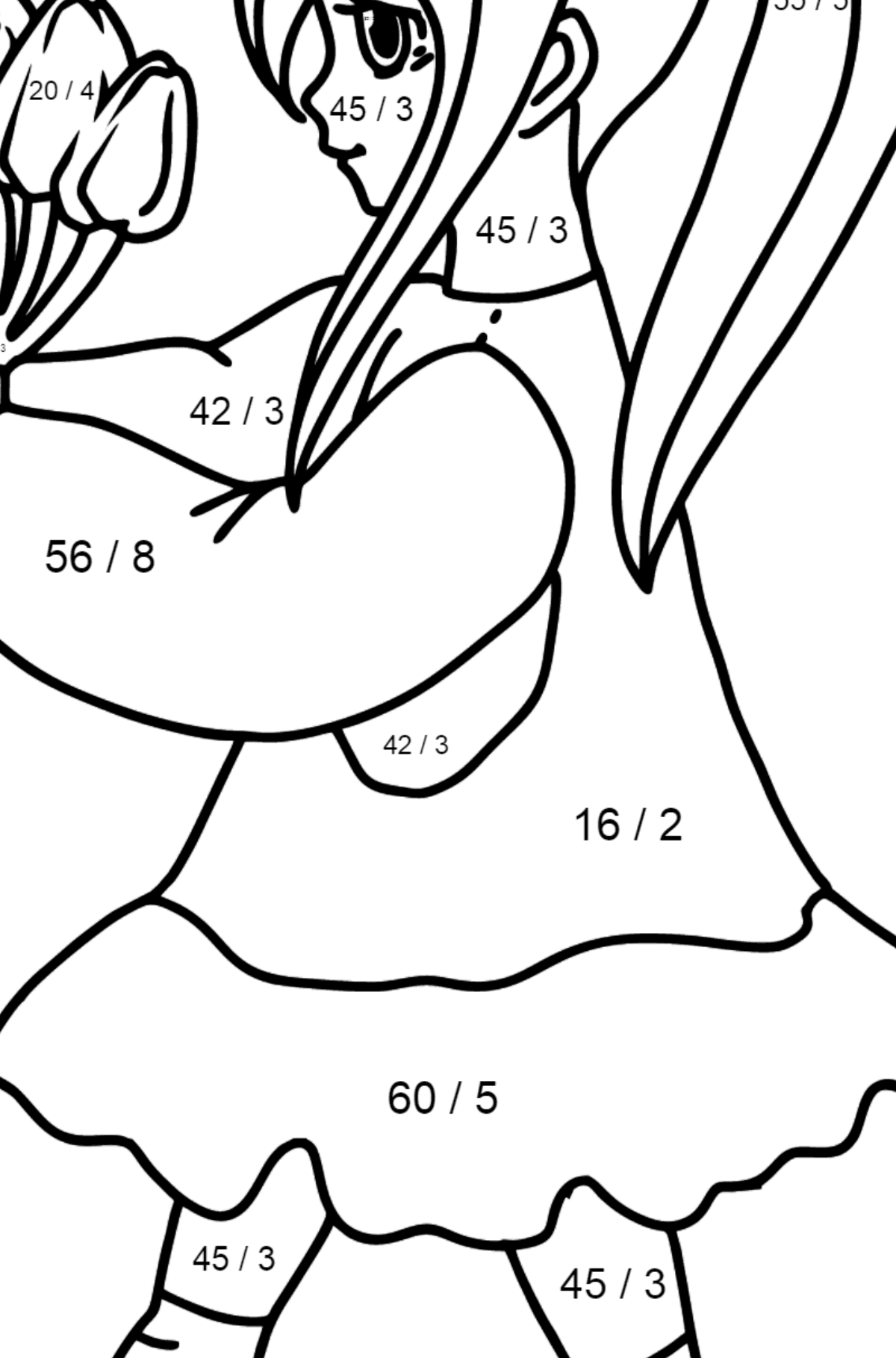 Anime Girl with Flowers coloring page - Math Coloring - Division for Kids