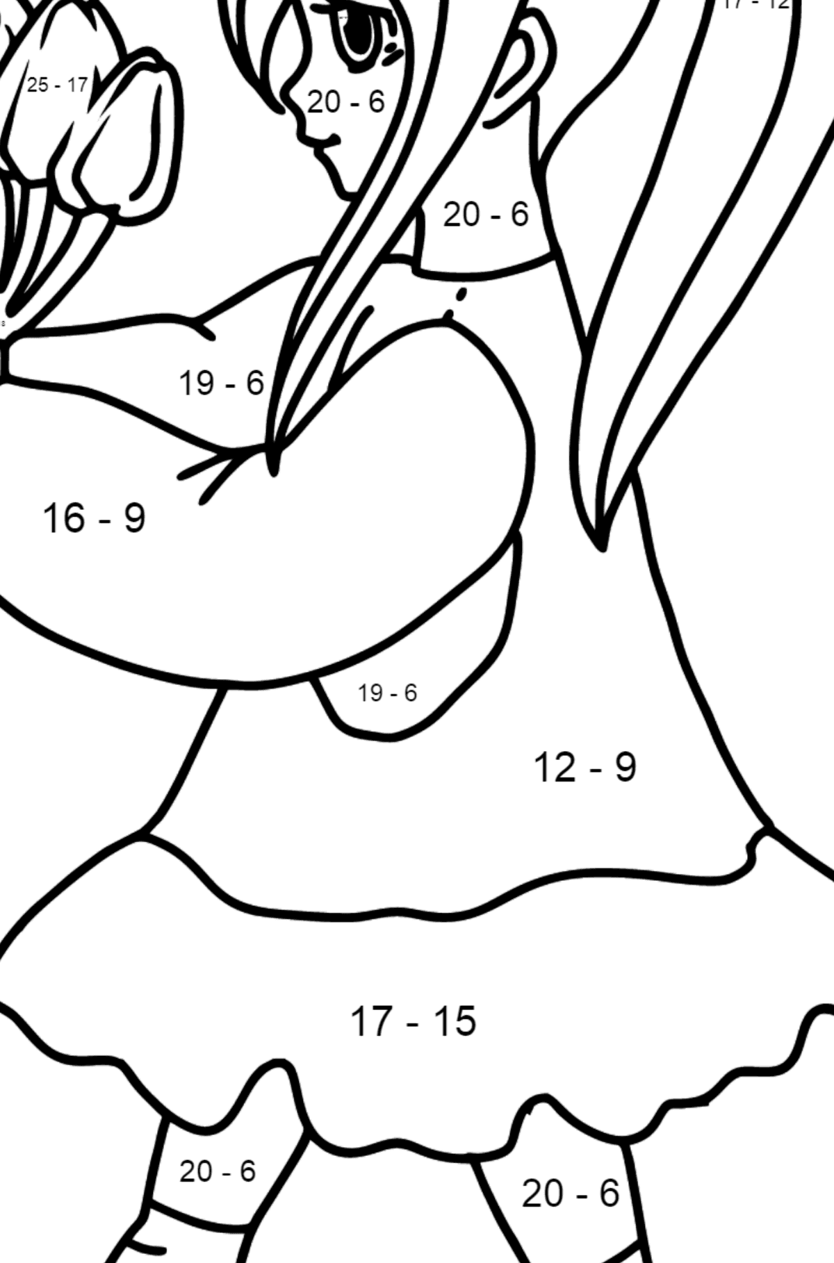 Anime Girl with Flowers coloring page - Math Coloring - Subtraction for Kids