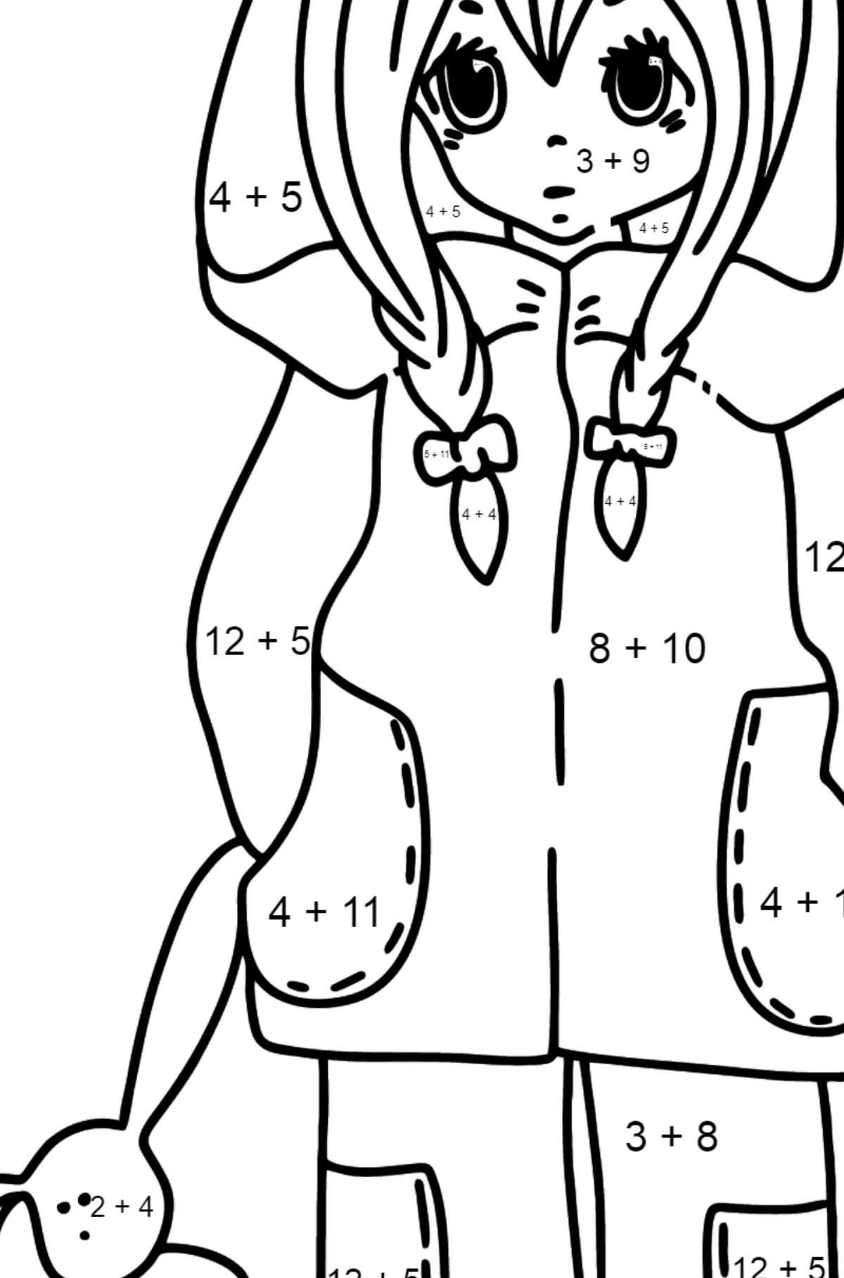 Розмальовка Аніме Дівчина з кісками - Математична Розмальовка Додавання для дітей