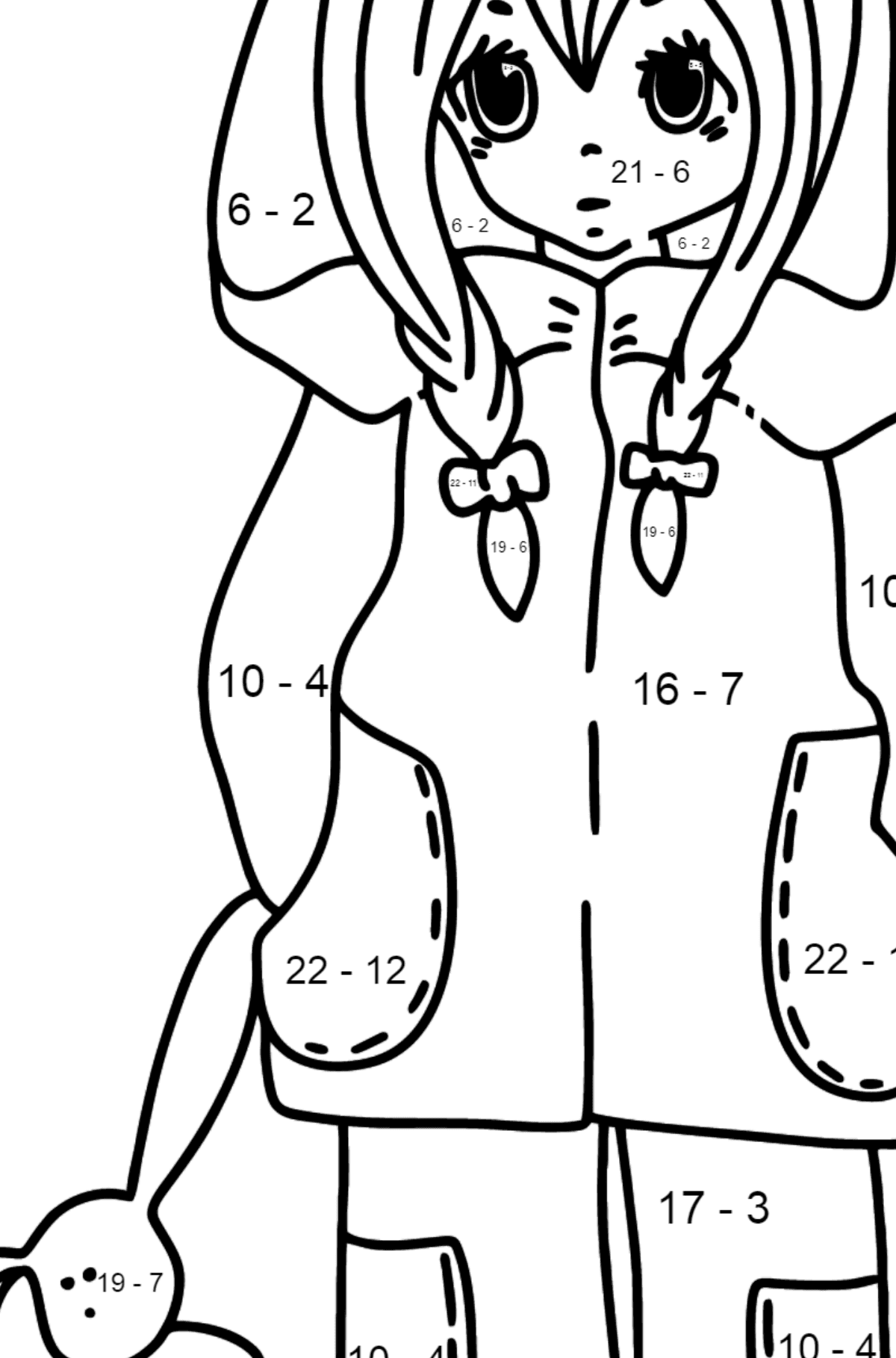 Розмальовка Аніме Дівчина з кісками - Математична Розмальовка Віднімання для дітей