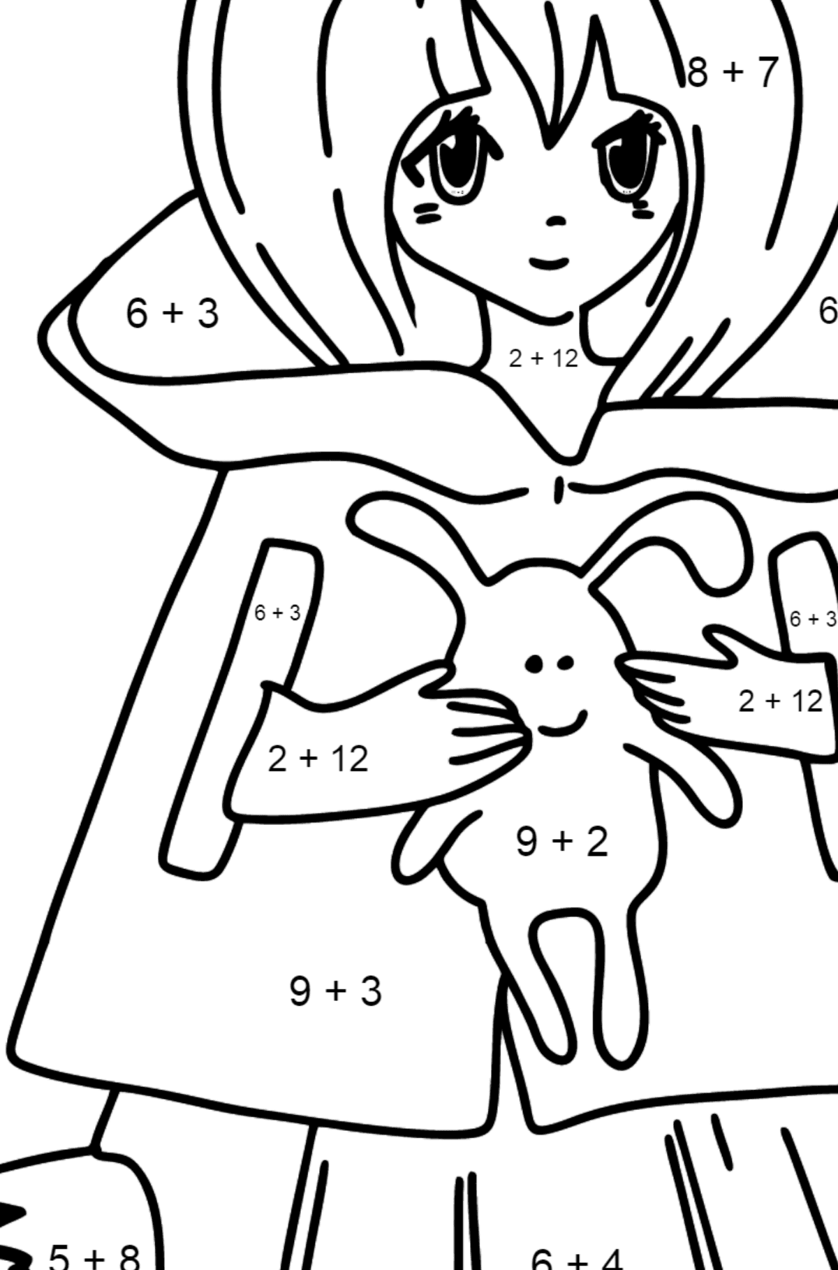 Розмальовка Аніме Дівчина з хвостом - Математична Розмальовка Додавання для дітей