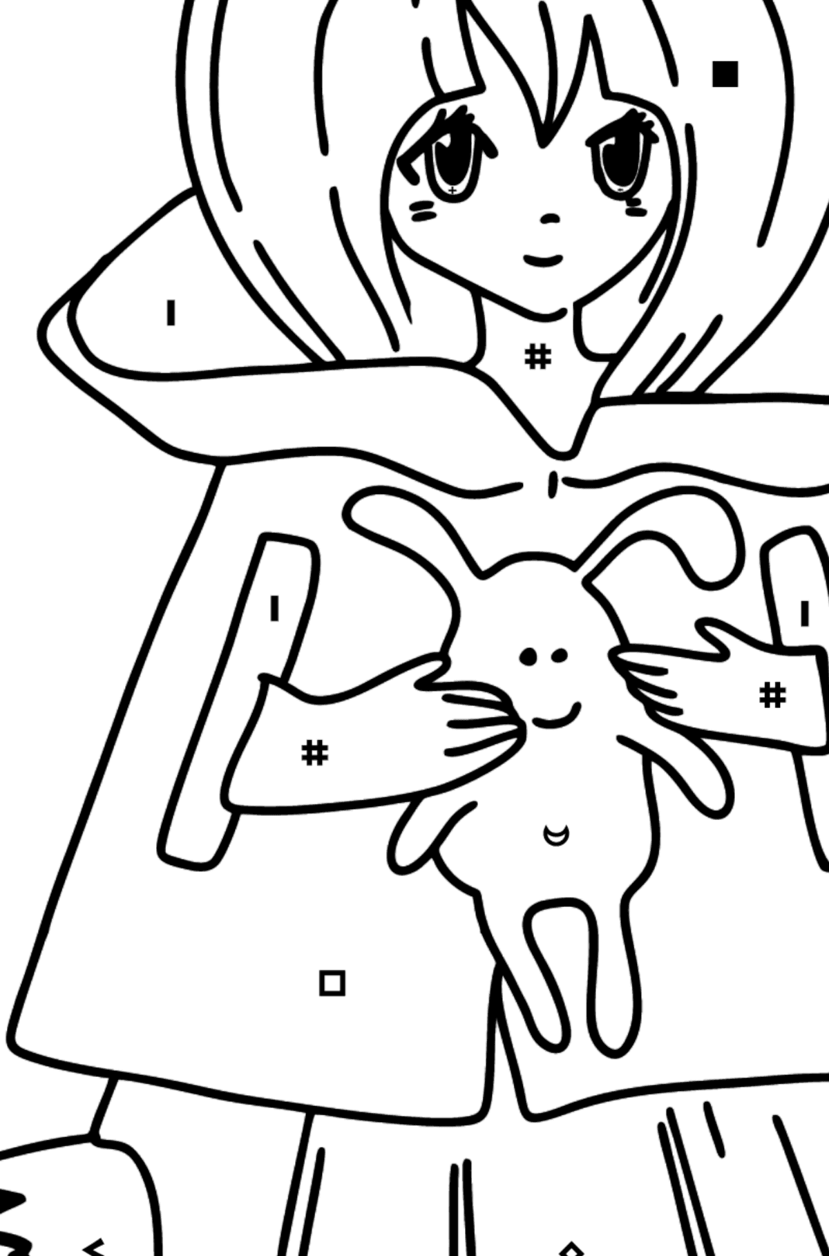 Anime meisje met staart kleurplaat - Kleuren met symbolen voor kinderen