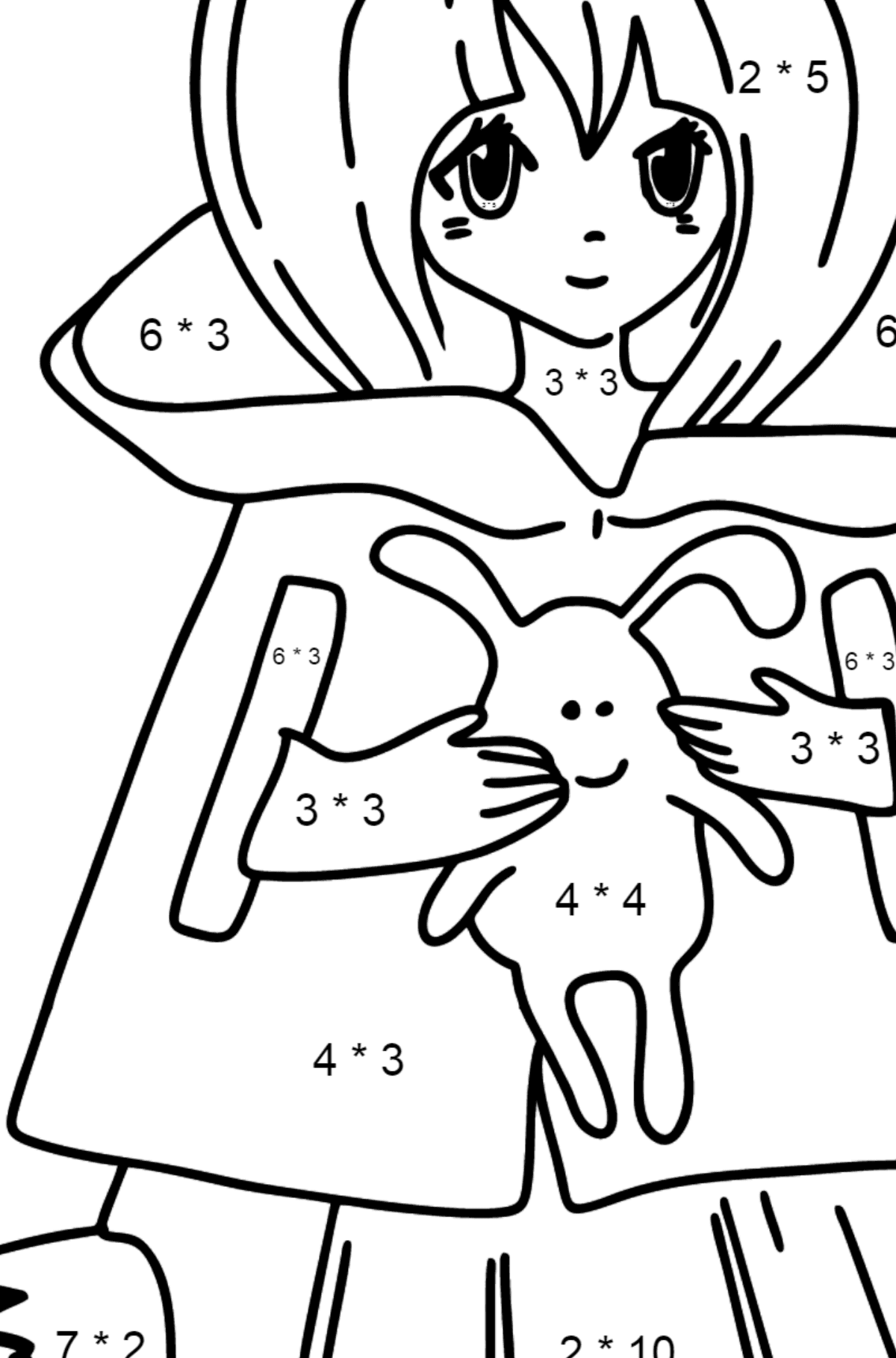 Розмальовка Аніме Дівчина з хвостом - Математична Розмальовка Множення для дітей