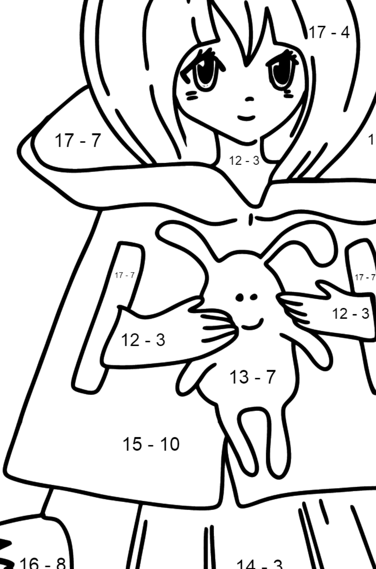 Anime lány farokkal Kifestő - Matematikai színezés - kivonás gyerekeknek