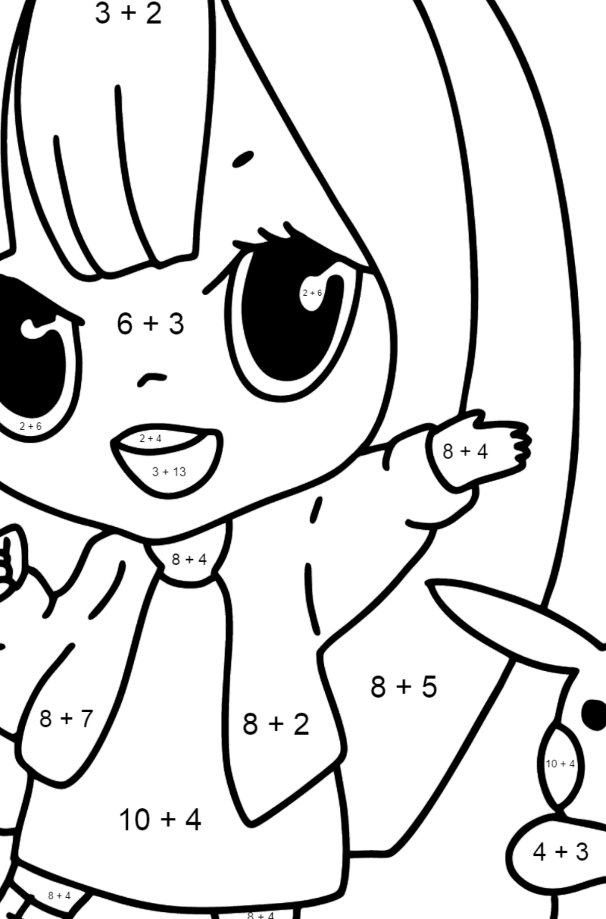 Dibujos para colorear Anime - chica feliz - Colorear con Matemáticas - Sumas para Niños