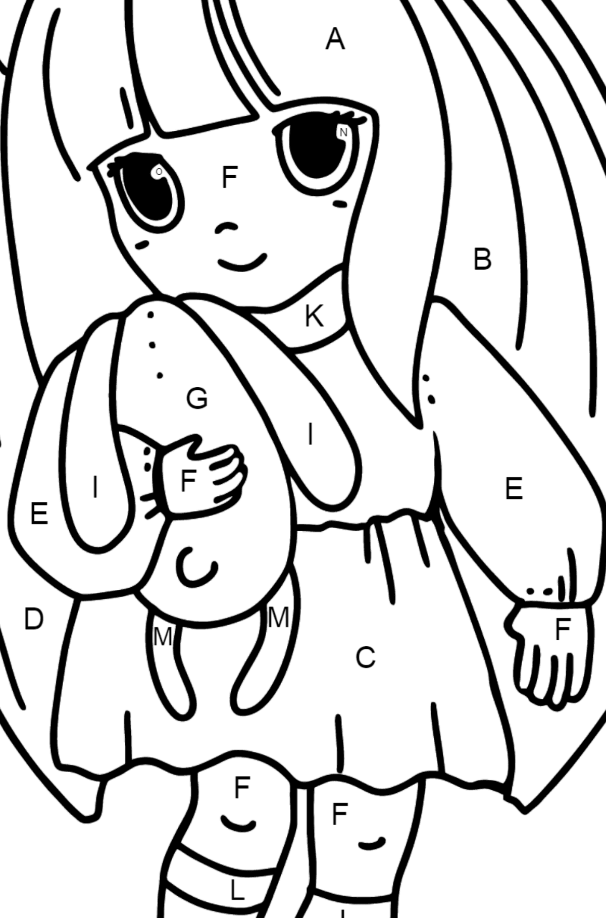 Anime kleines Mädchen Ausmalbilder - Ausmalen nach Buchstaben für Kinder