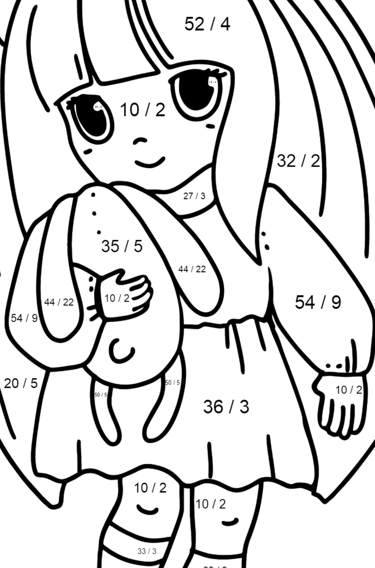 Anime hyvä tyttö värityskuva - Matemaattinen Värityslasku - Jakolasku lapsille