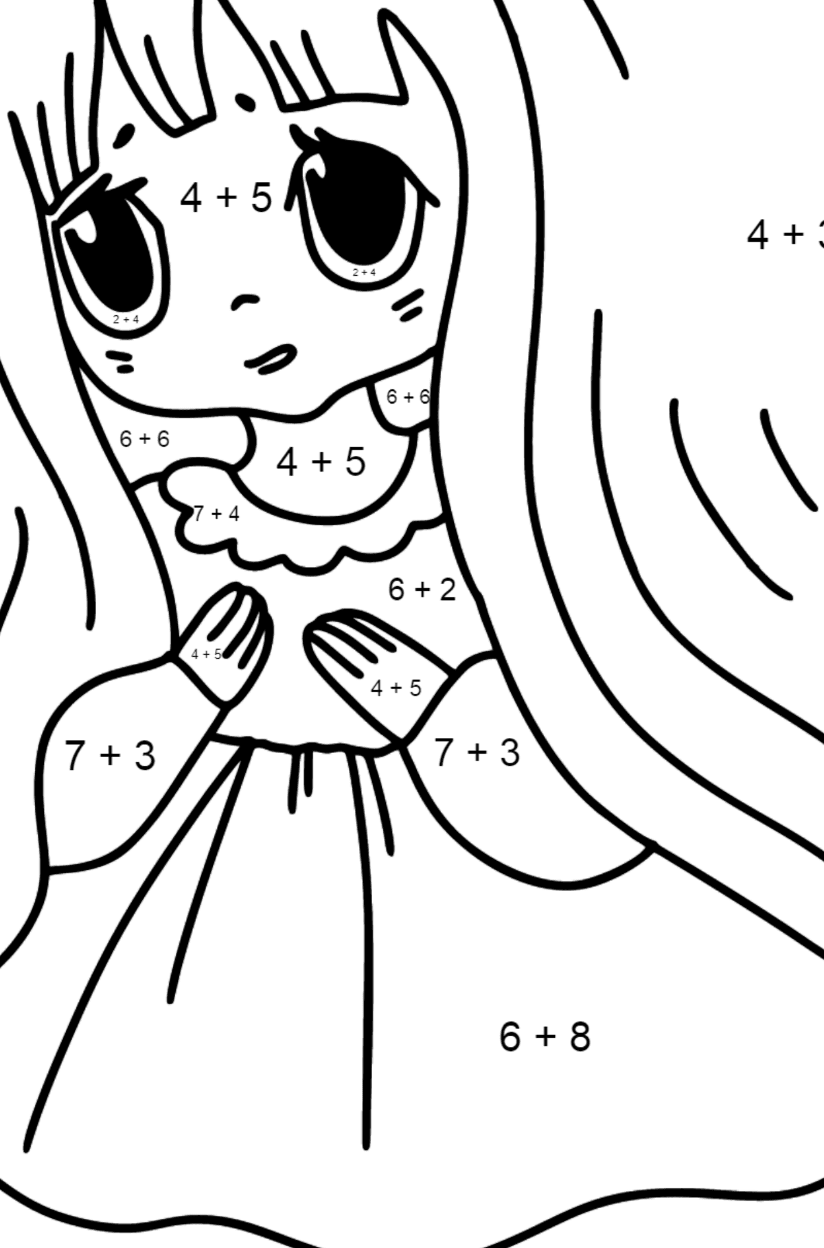 Anime Sad Girl Coloring Pages - Math Coloring - Addition for Kids