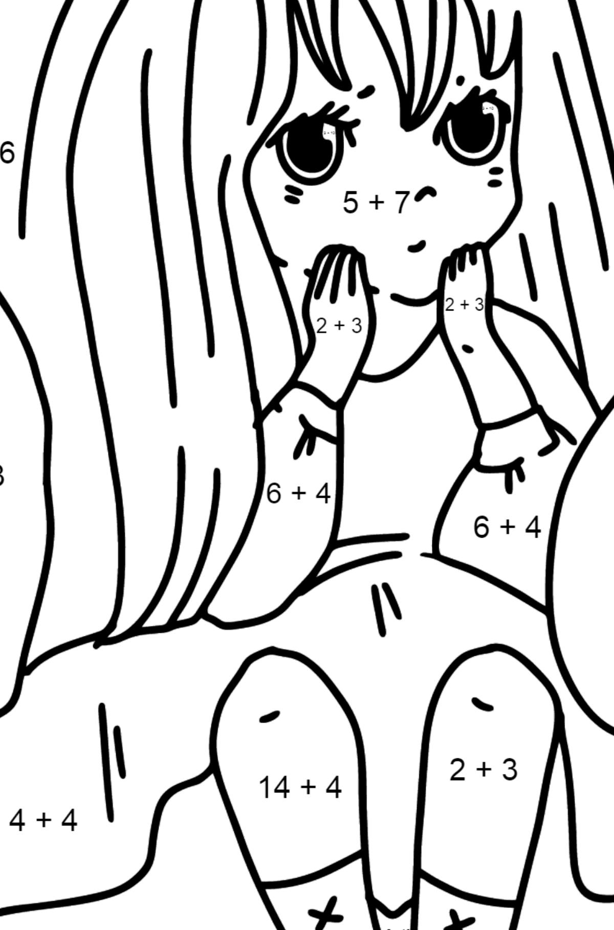 Anime surullinen pieni tyttö värityskuva - Matemaattinen Väritys - Yhteenlasku lapsille